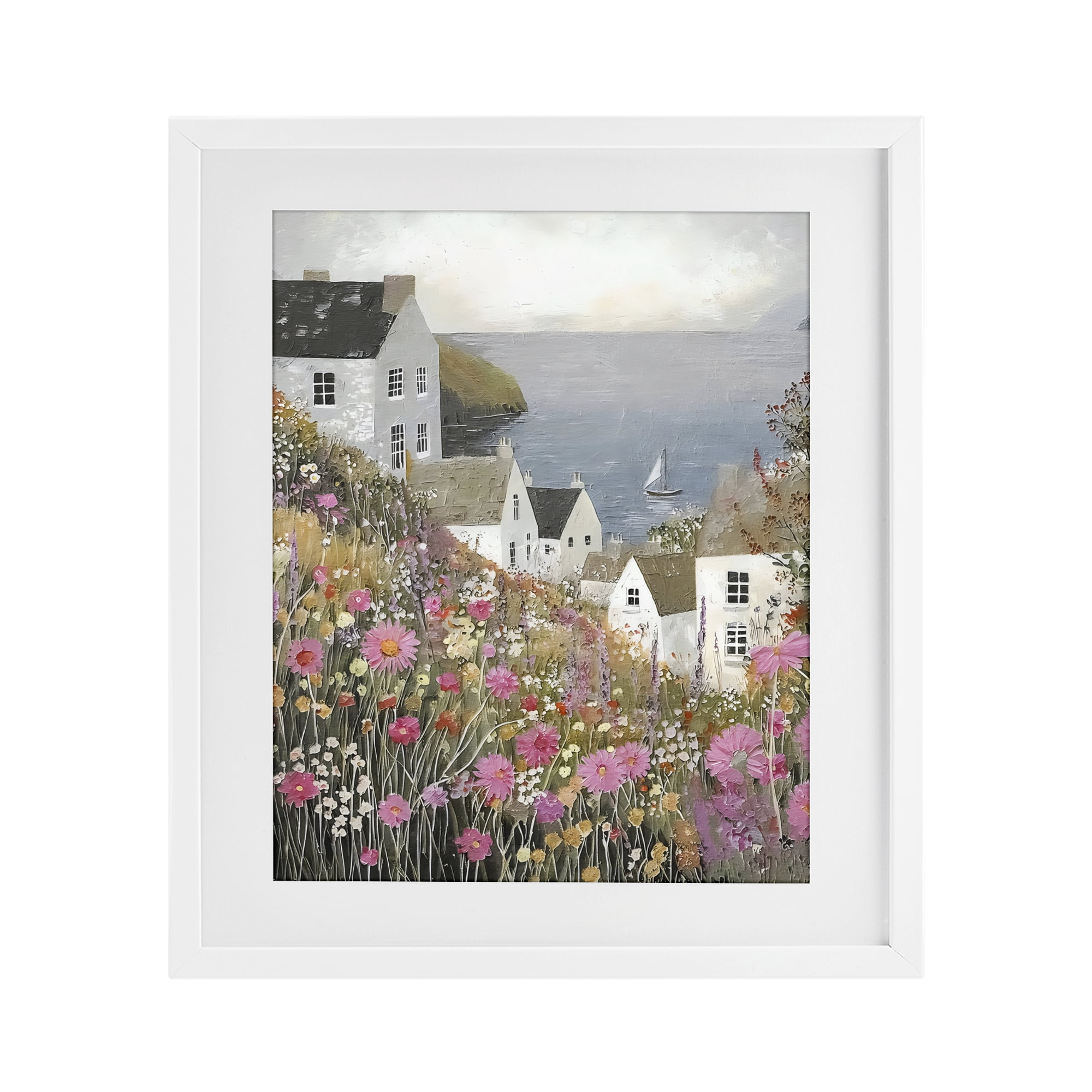 Stupell Industries Picturesque Village over Sea White Framed Print Under Glass, design by Riley B