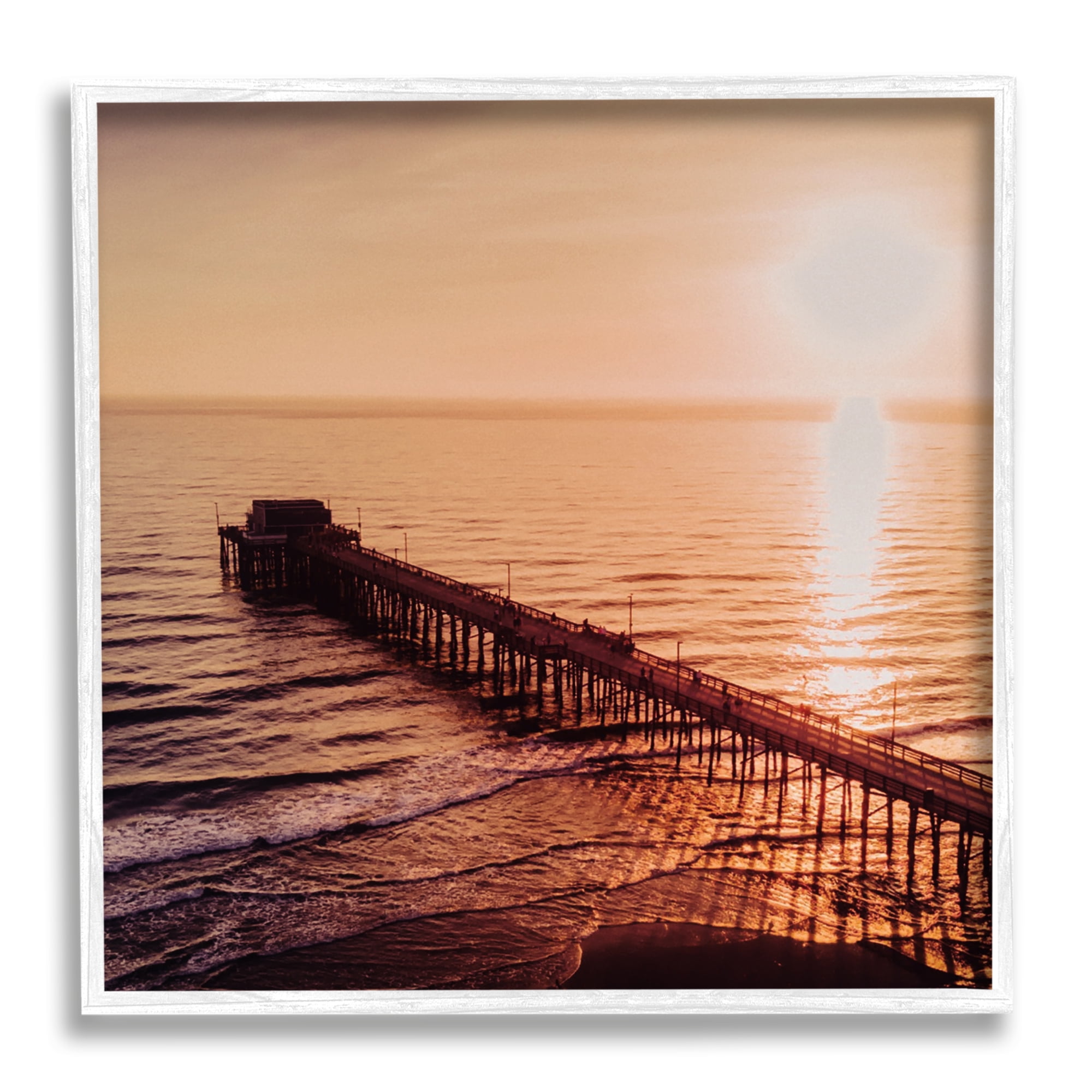 Stupell Industries Pier Bridge at Sunset Landscape Photography White Framed Art Print Wall Art, 12 x 12