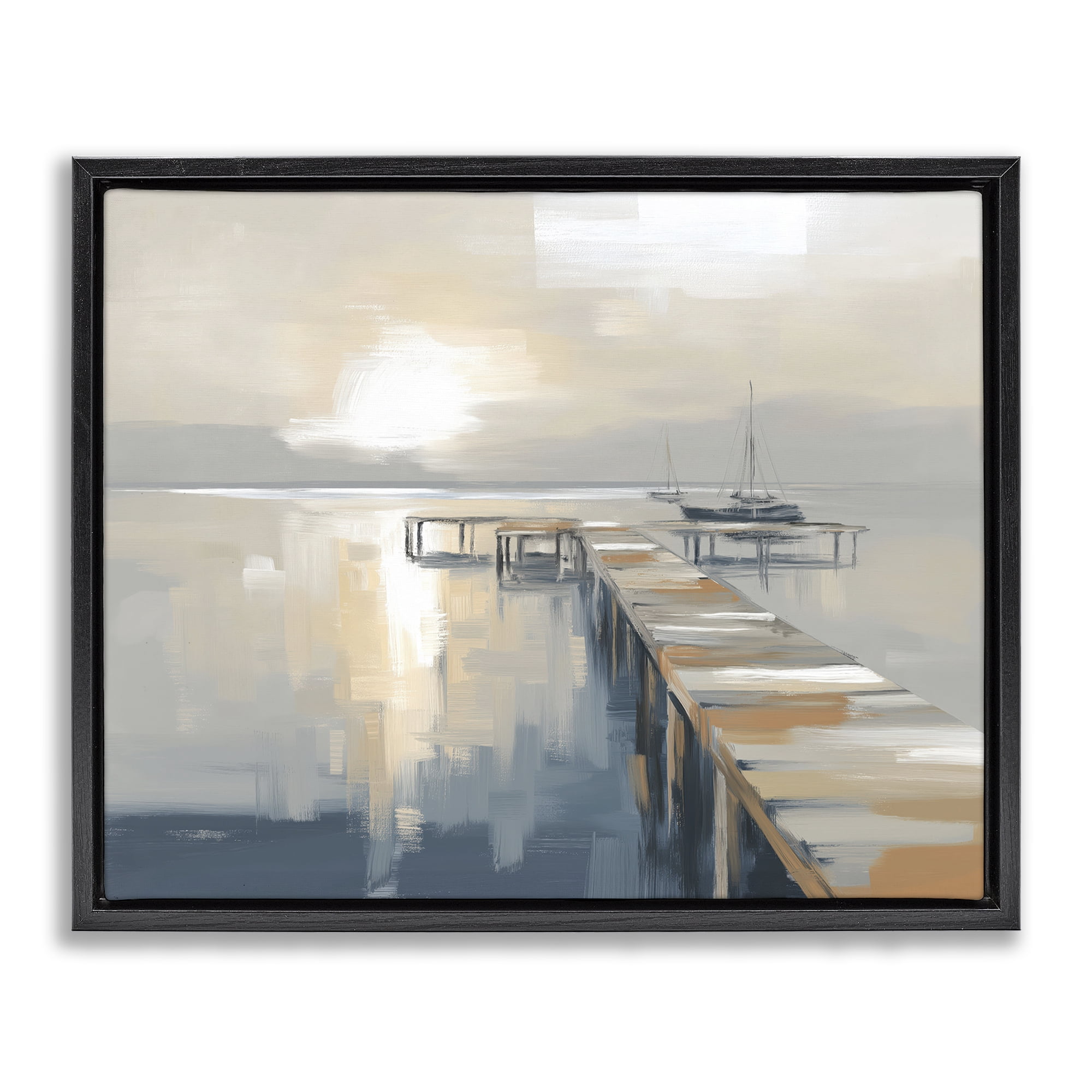Stupell Industries Pier with Sailboat Seascape Black Framed Floater Canvas Wall Art, design by Kim Curinga