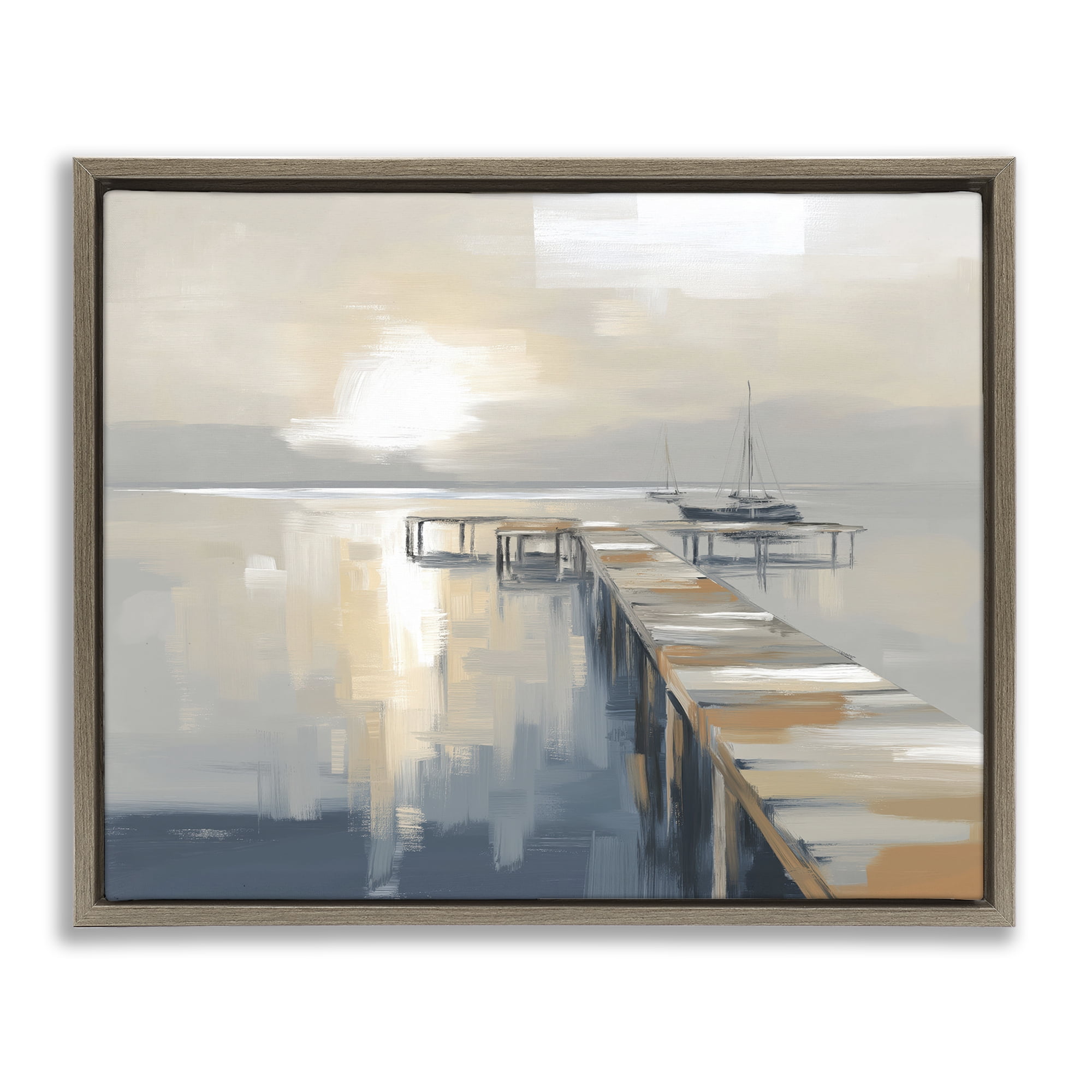 Stupell Industries Pier with Sailboat Seascape Brown Framed Floater Canvas Wall Art, design by Kim Curinga
