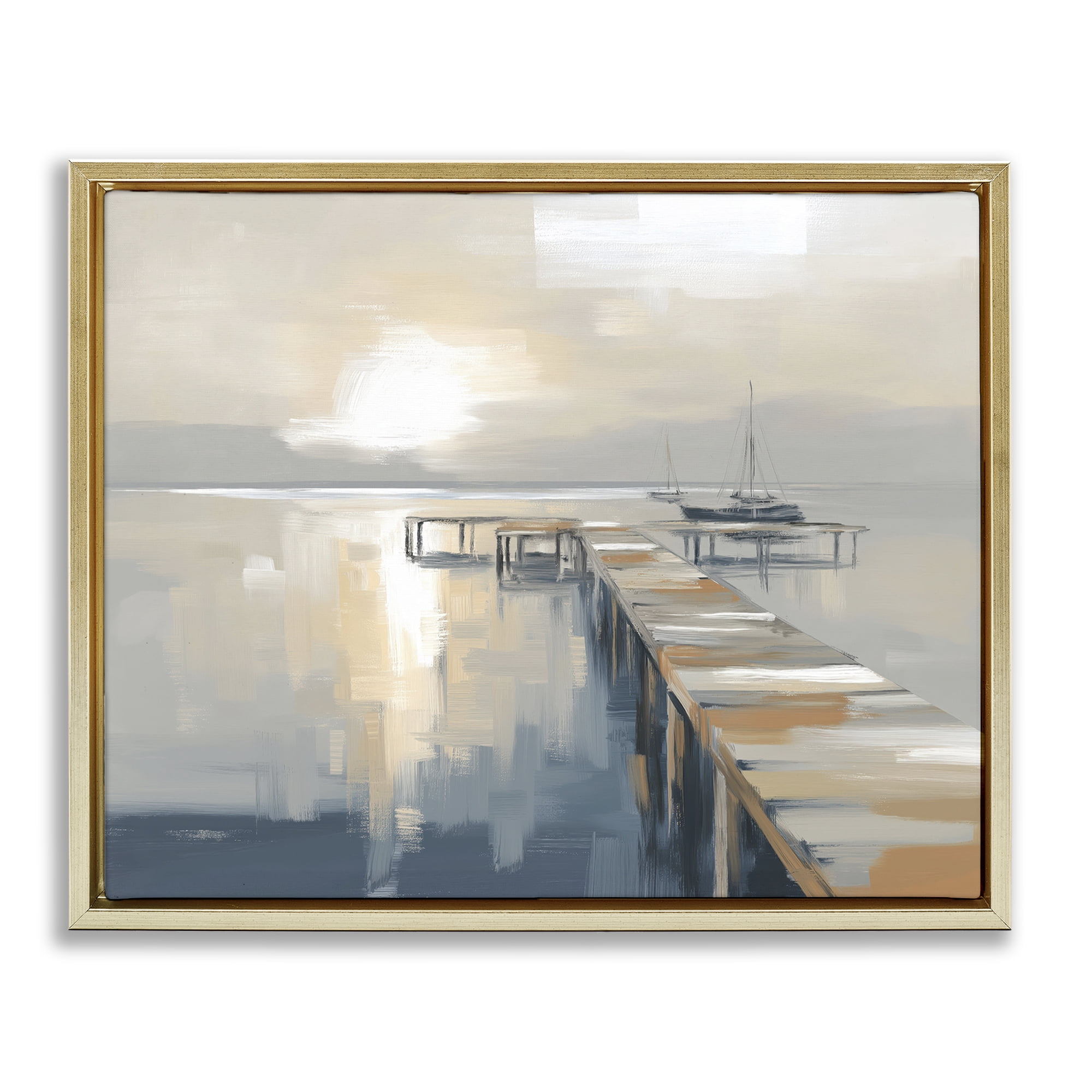 Stupell Industries Pier with Sailboat Seascape Gold Framed Floater Canvas Wall Art, design by Kim Curinga