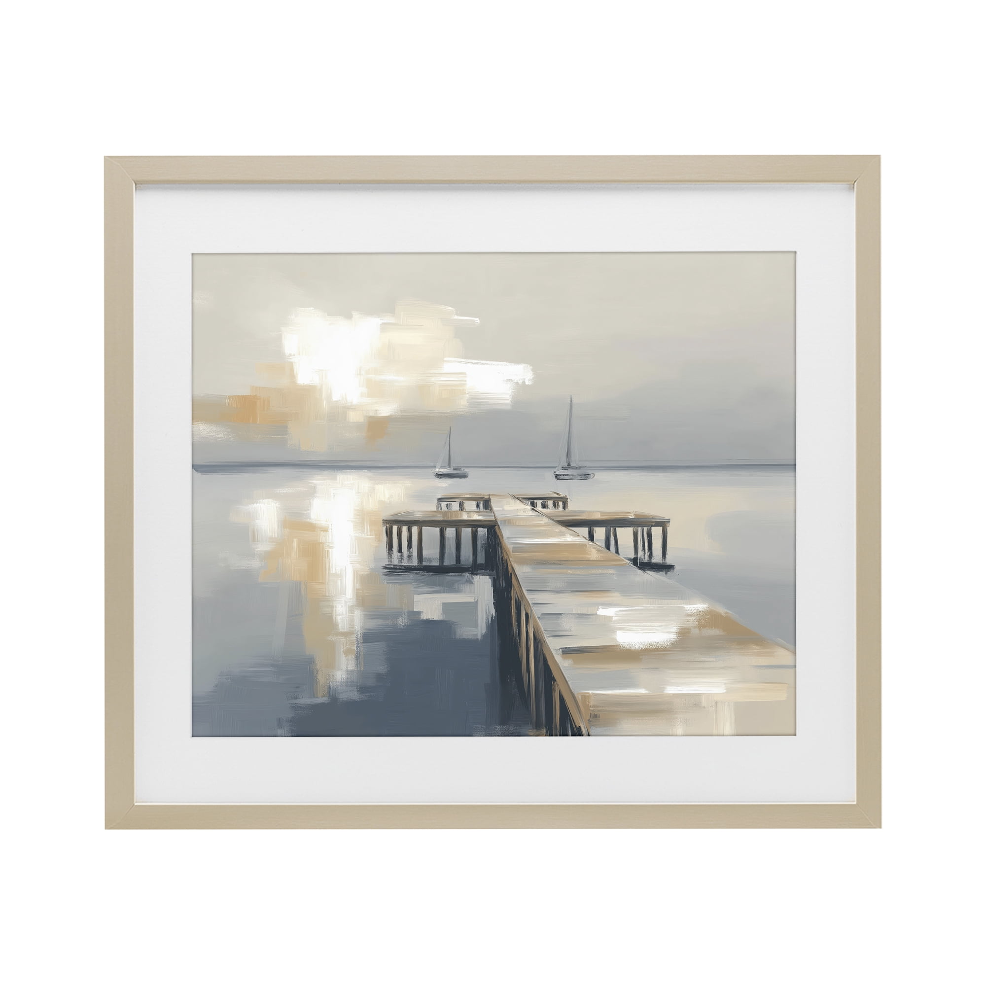 Stupell Industries Pier with Two Boats Seascape Birch Framed Print Under Glass, design by Kim Curinga