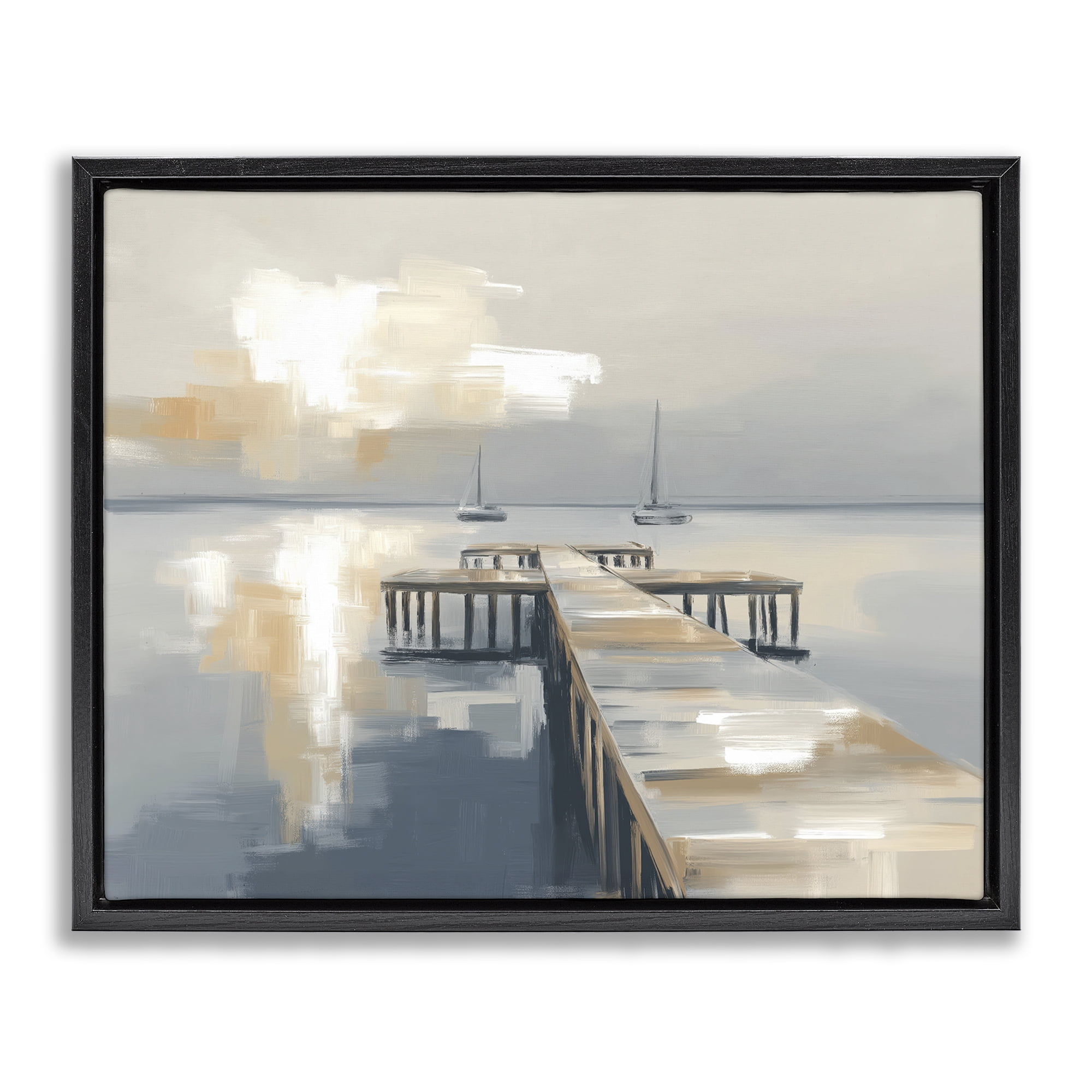 Stupell Industries Pier with Two Boats Seascape Black Framed Floater Canvas Wall Art, design by Kim Curinga