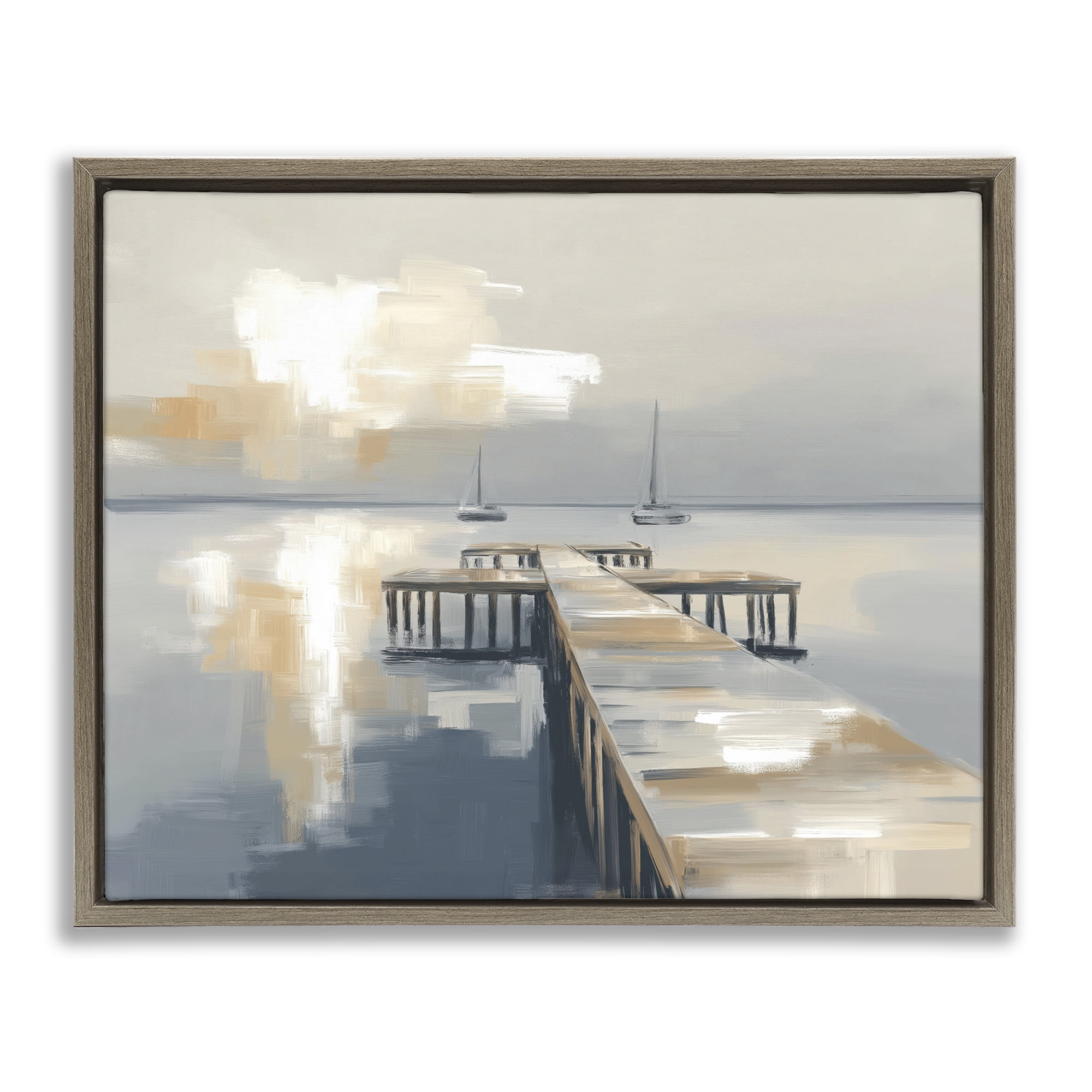 Stupell Industries Pier with Two Boats Seascape Brown Framed Floater Canvas Wall Art, design by Kim Curinga