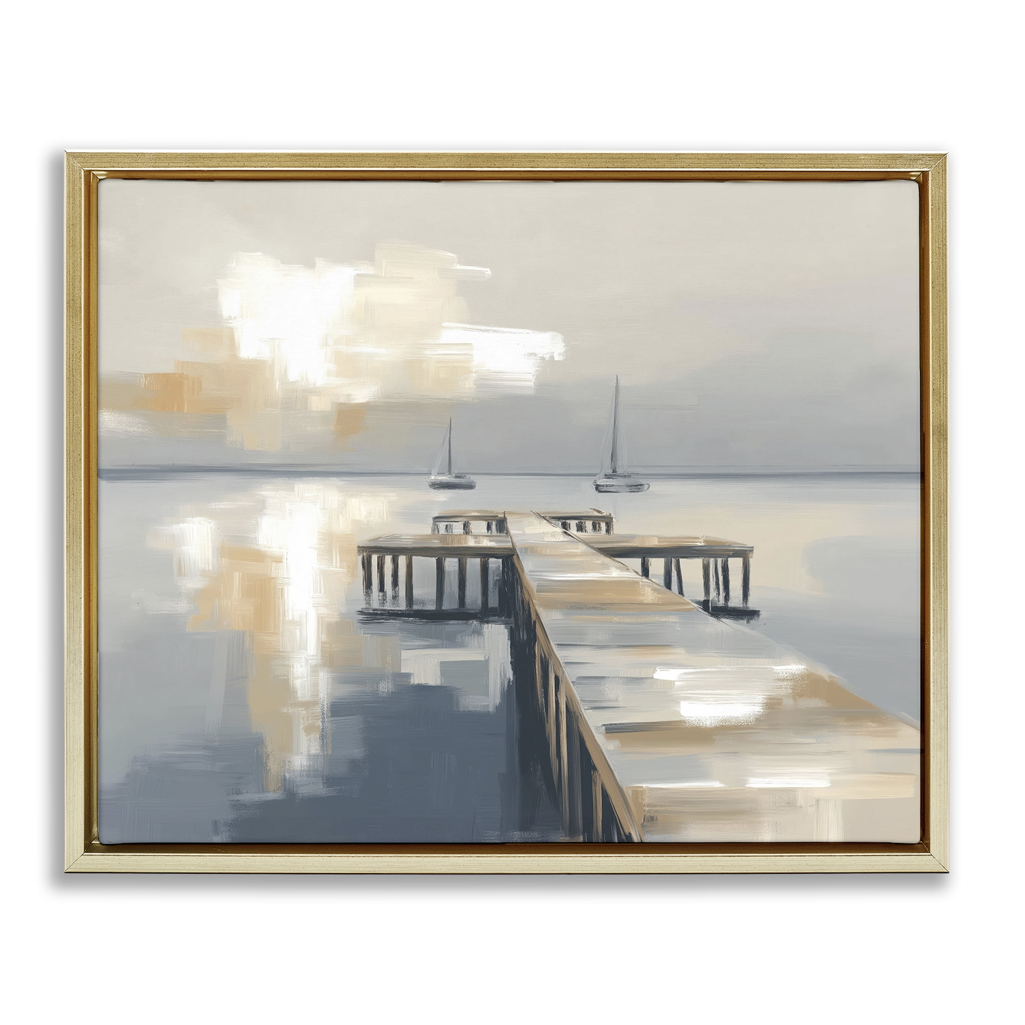 Stupell Industries Pier with Two Boats Seascape Gold Framed Floater Canvas Wall Art, design by Kim Curinga