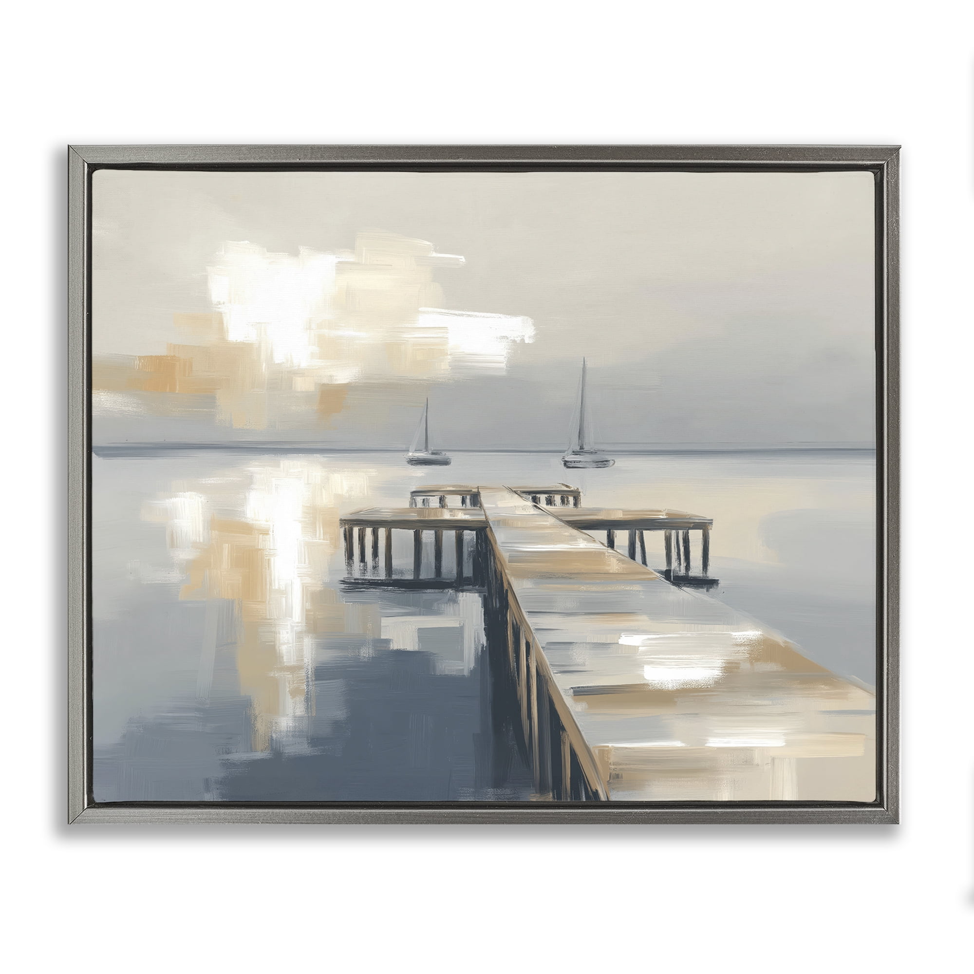 Stupell Industries Pier with Two Boats Seascape Gray Framed Floater Canvas Wall Art, design by Kim Curinga