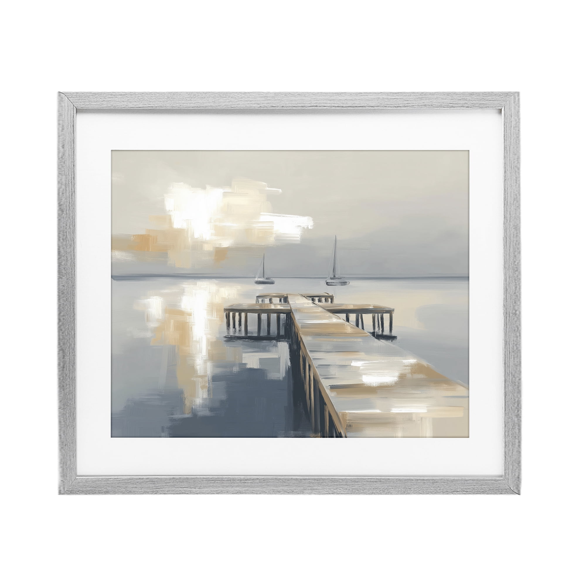 Stupell Industries Pier with Two Boats Seascape Gray Framed Print Under Glass, design by Kim Curinga
