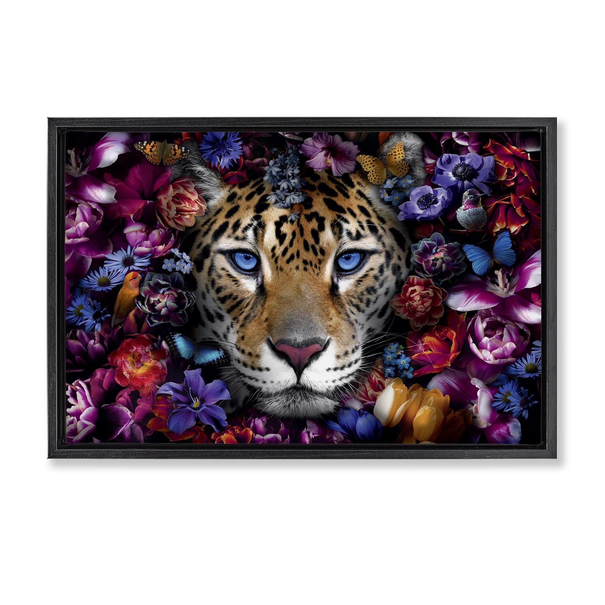 Stupell Industries Piercing Leopard Gaze Plants & Flowers Painting Black Floater Framed Canvas Art Print Wall Art, 31 x 21
