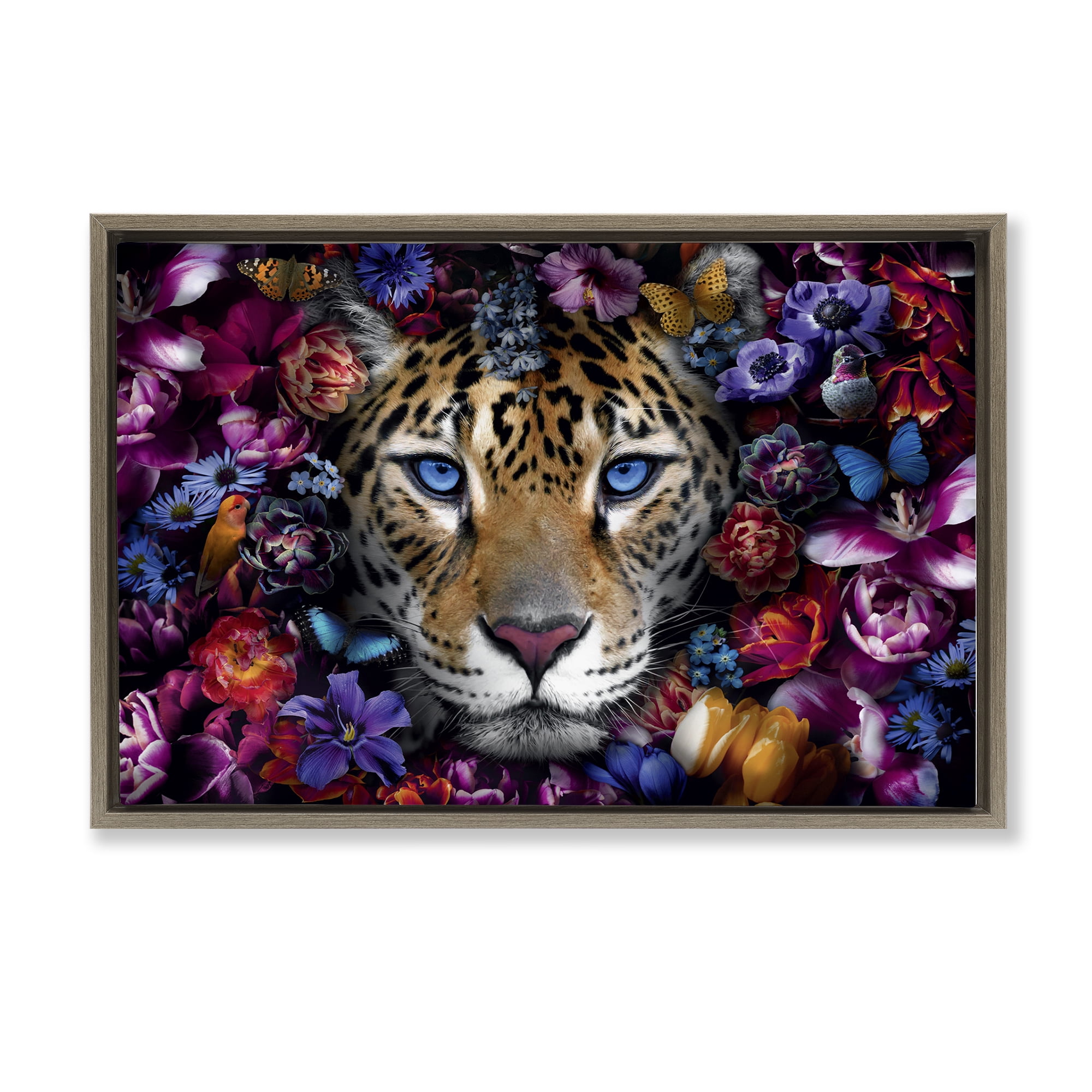 Stupell Industries Piercing Leopard Gaze Plants & Flowers Painting Brown Floater Framed Canvas Art Print Wall Art, 25 x 17