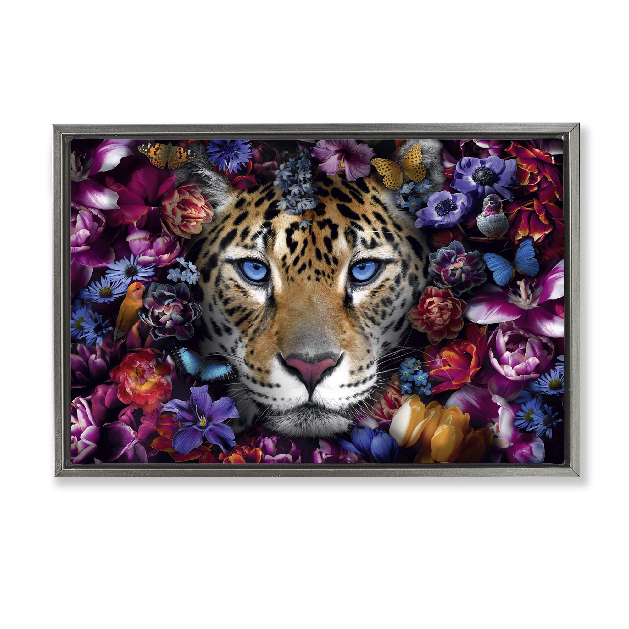 Stupell Industries Piercing Leopard Gaze Plants & Flowers Painting Gray Floater Framed Canvas Art Print Wall Art, 31 x 21