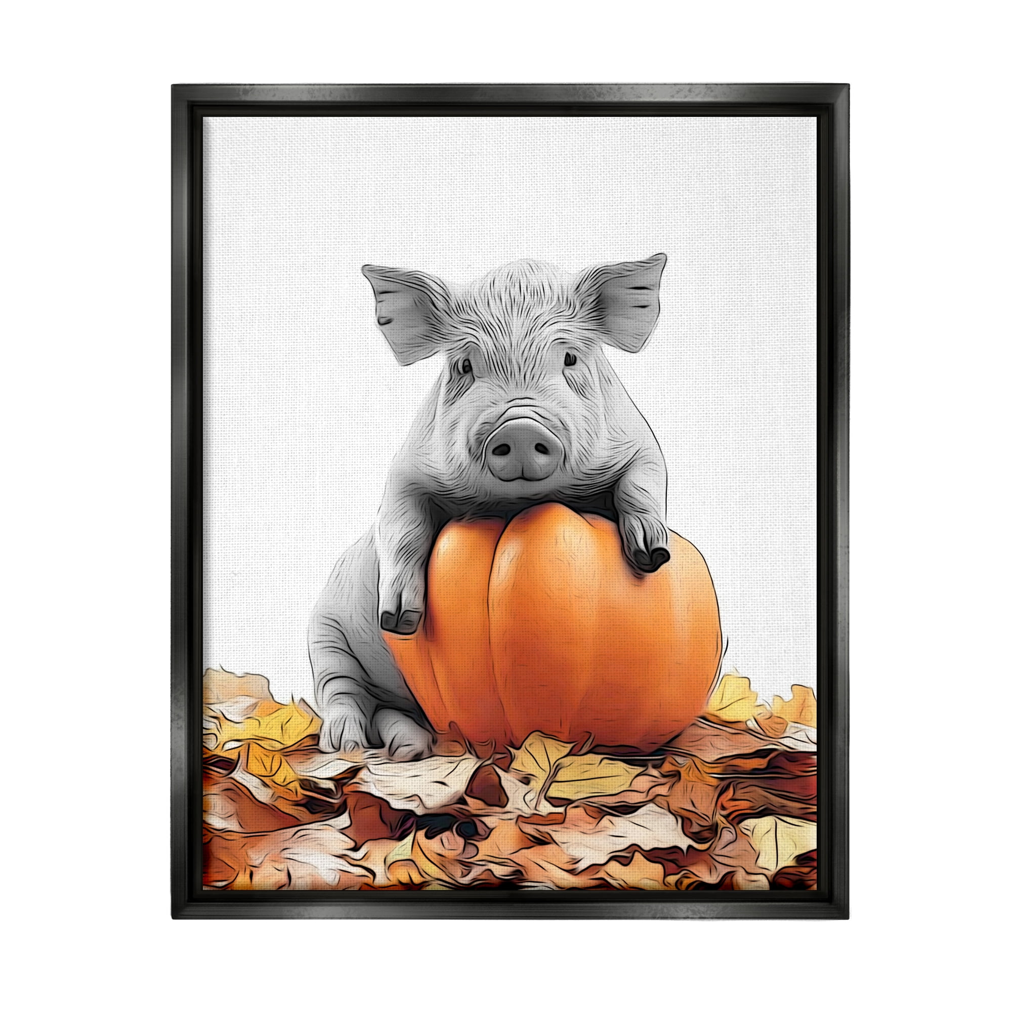 Stupell Industries Pig & Autumn Leaves Holiday Painting Black Floater Framed Canvas Art Print Wall Art, 25 x 31