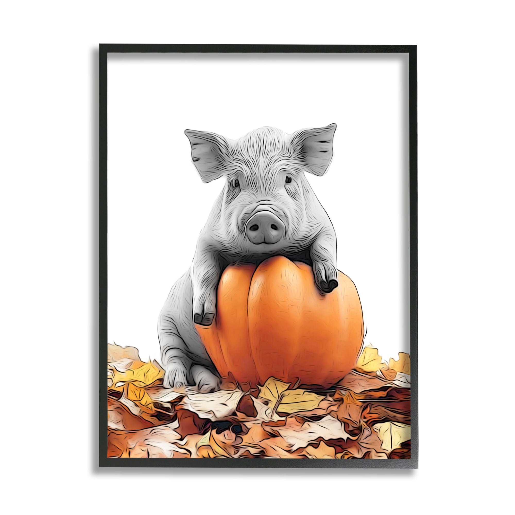 Stupell Industries Pig & Autumn Leaves Holiday Painting Black Framed Art Print Wall Art, 24 x 30