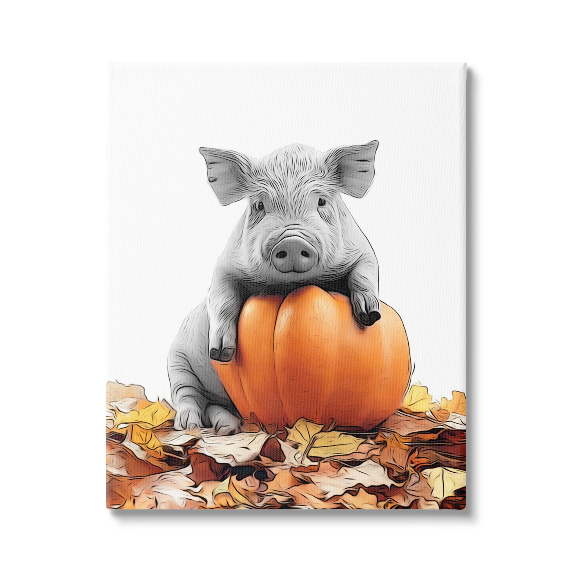 Stupell Industries Pig & Autumn Leaves Holiday Painting Gallery Wrapped Canvas Art Print Wall Art, 36 x 48