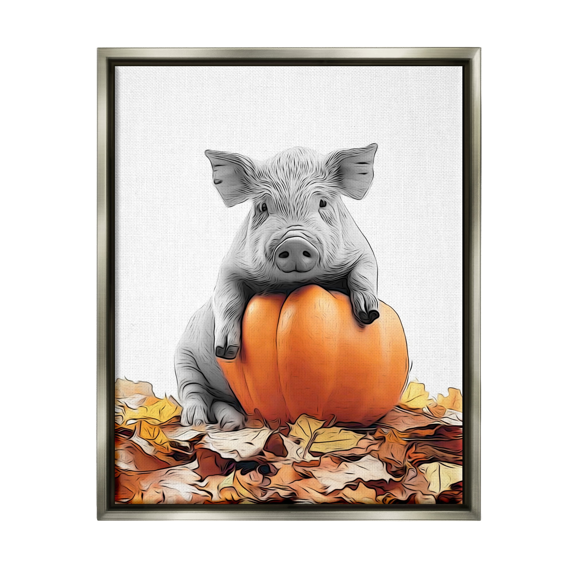 Stupell Industries Pig & Autumn Leaves Holiday Painting Gray Floater Framed Canvas Art Print Wall Art, 25 x 31