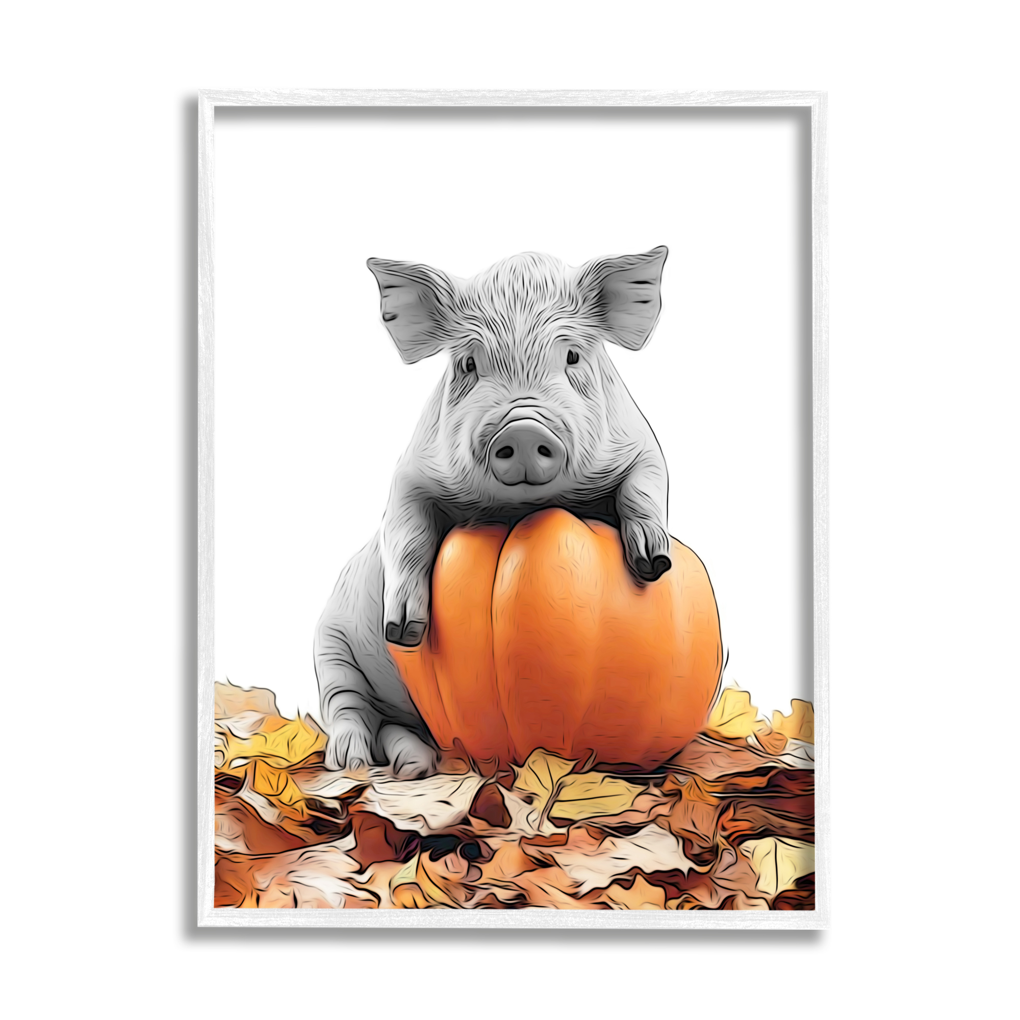 Stupell Industries Pig & Autumn Leaves Holiday Painting White Framed Art Print Wall Art, 24 x 30