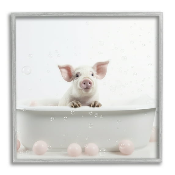 Stupell Industries Pig Bubble Bath Animals & Insects Painting Gray Framed Art Print Wall Art, 12 x 12