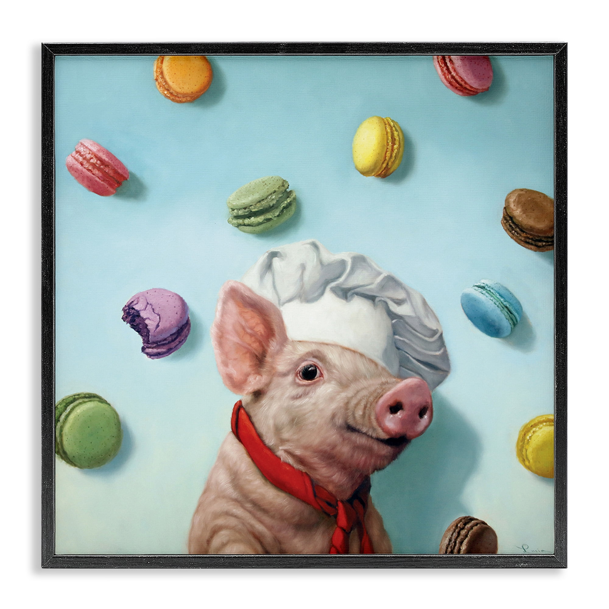 Stupell Industries Pig Chef with Playful Macarons Animals & Insects Painting Black Framed Art Print Wall Art, 17 x 17