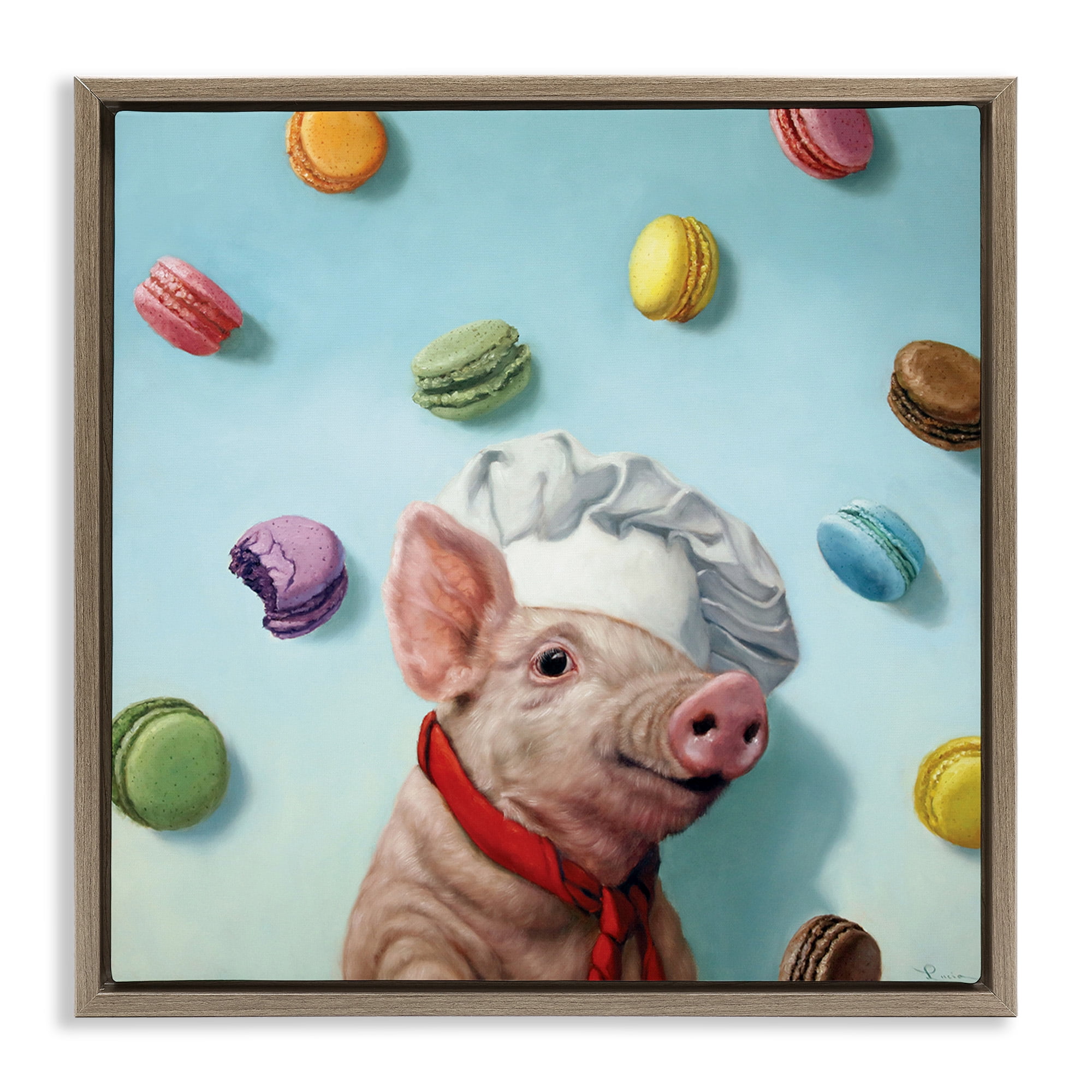 Stupell Industries Pig Chef with Playful Macarons Animals & Insects Painting Brown Floater Framed Canvas Art Print Wall Art, 18 x 18