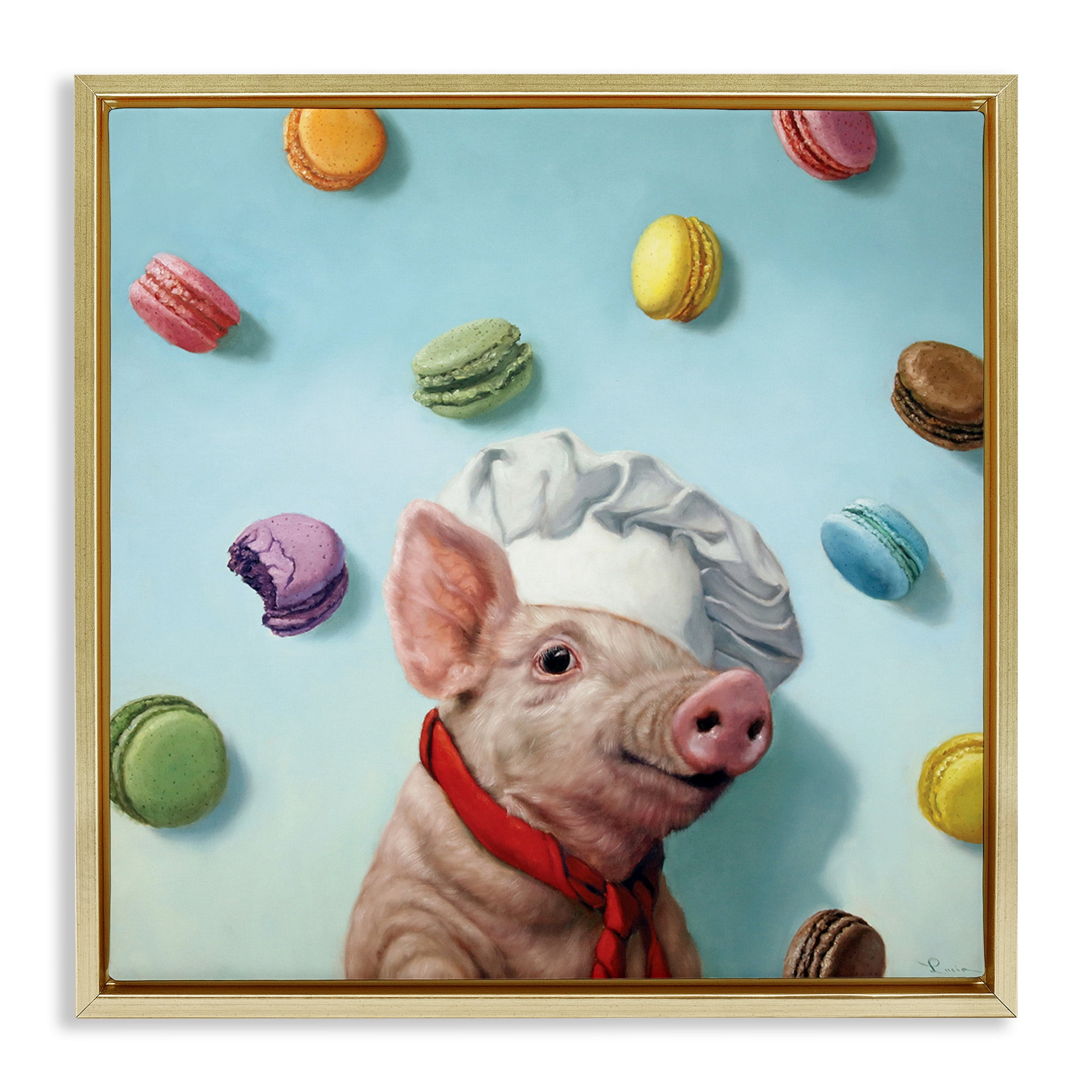 Stupell Industries Pig Chef with Playful Macarons Animals & Insects Painting Gold Floater Framed Canvas Art Print Wall Art, 18 x 18
