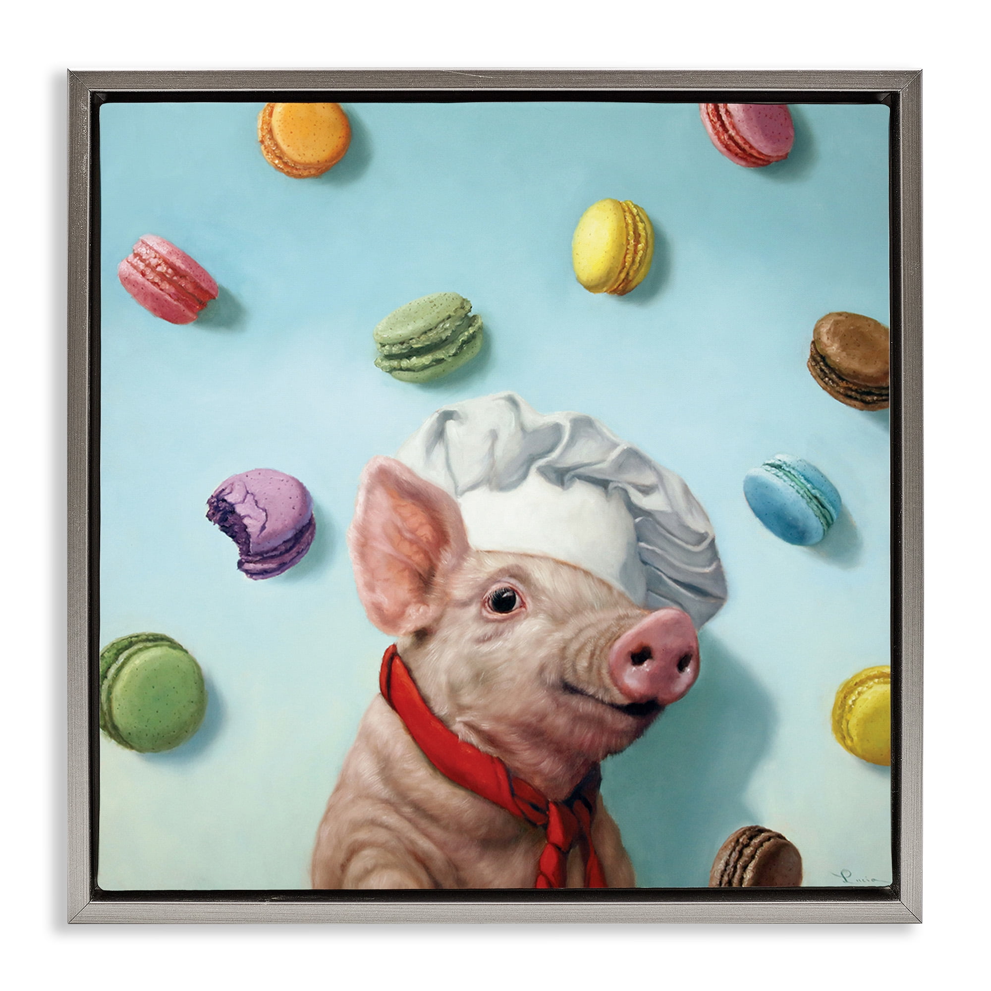 Stupell Industries Pig Chef with Playful Macarons Animals & Insects Painting Gray Floater Framed Canvas Art Print Wall Art, 25 x 25
