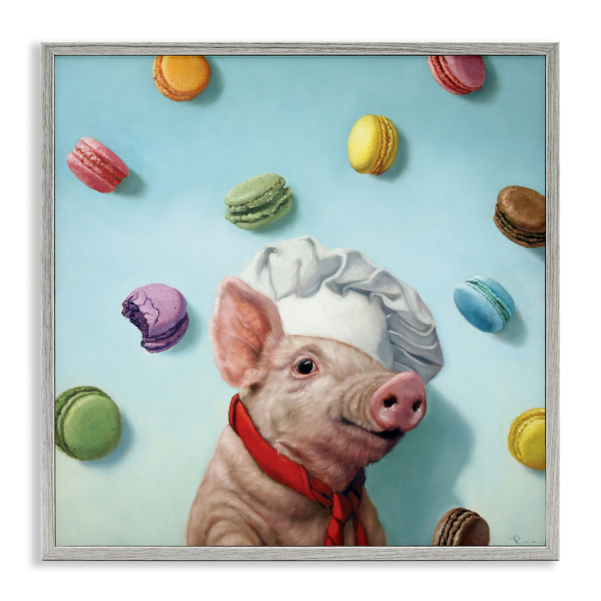 Stupell Industries Pig Chef with Playful Macarons Animals & Insects Painting Gray Framed Art Print Wall Art, 17 x 17