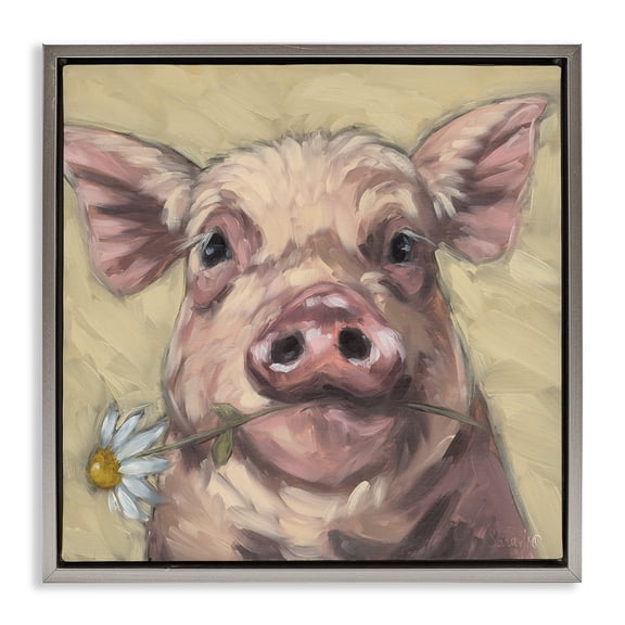 Stupell Industries Pig Holding Daisy Sprig Animals Painting Gray Floater Framed Canvas Art Print Wall Art, 18 x 18