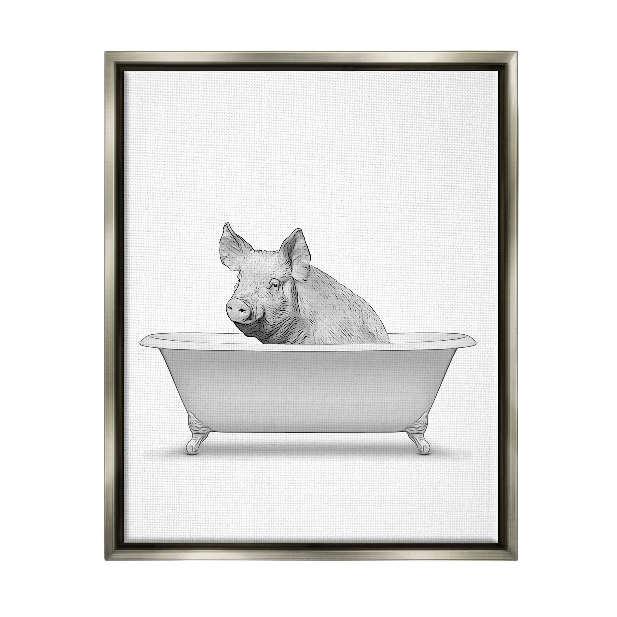 Stupell Industries Pig In Tub Bathroom Animal Animals & Insects Painting Gray Floater Framed Art Print Wall Art