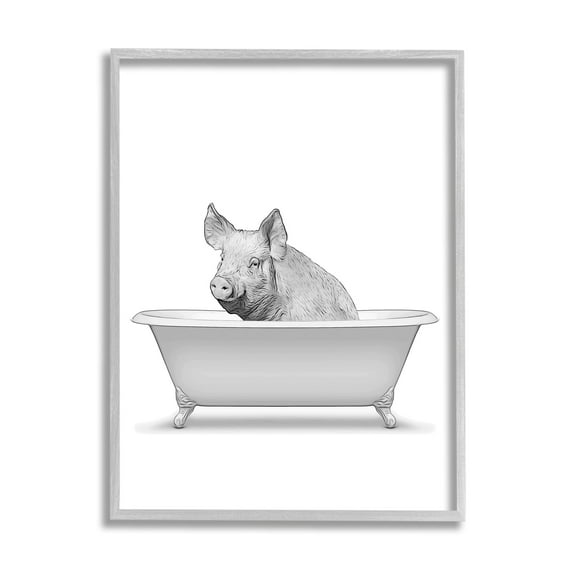 Stupell Industries Pig In Tub Bathroom Animal Animals & Insects Painting Gray Framed Art Print Wall Art