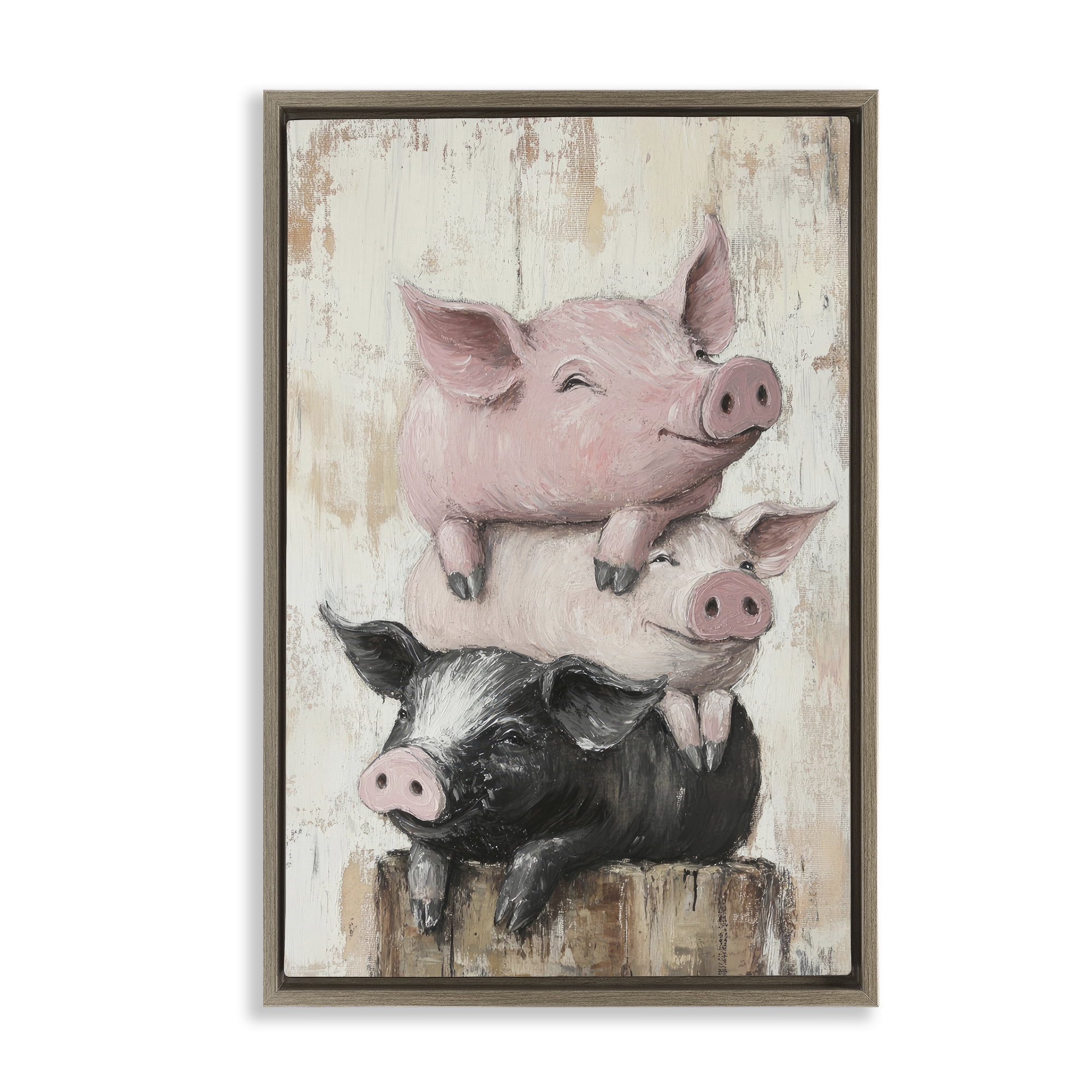 Stupell Industries Pig & Piglet Pile Brown Framed Floater Canvas Wall Art, design by Tina LeCour