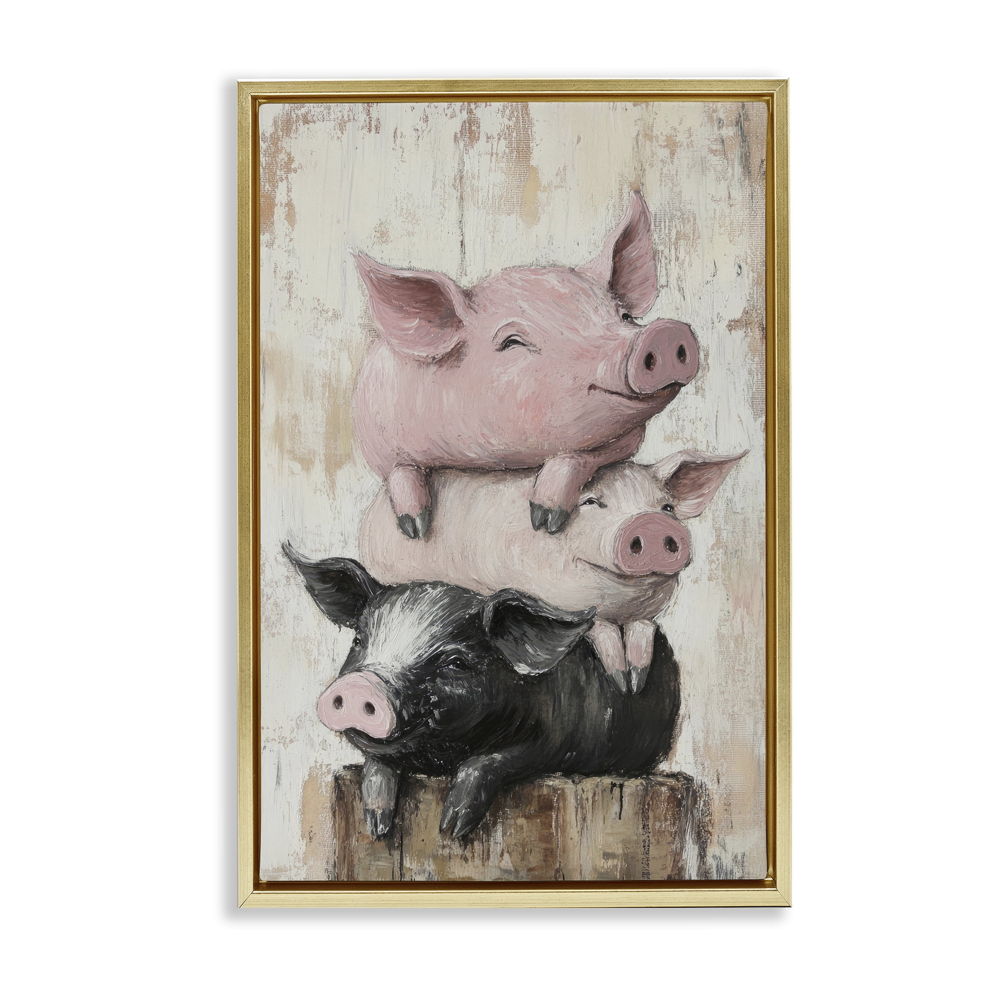 Stupell Industries Pig & Piglet Pile Gold Framed Floater Canvas Wall Art, design by Tina LeCour