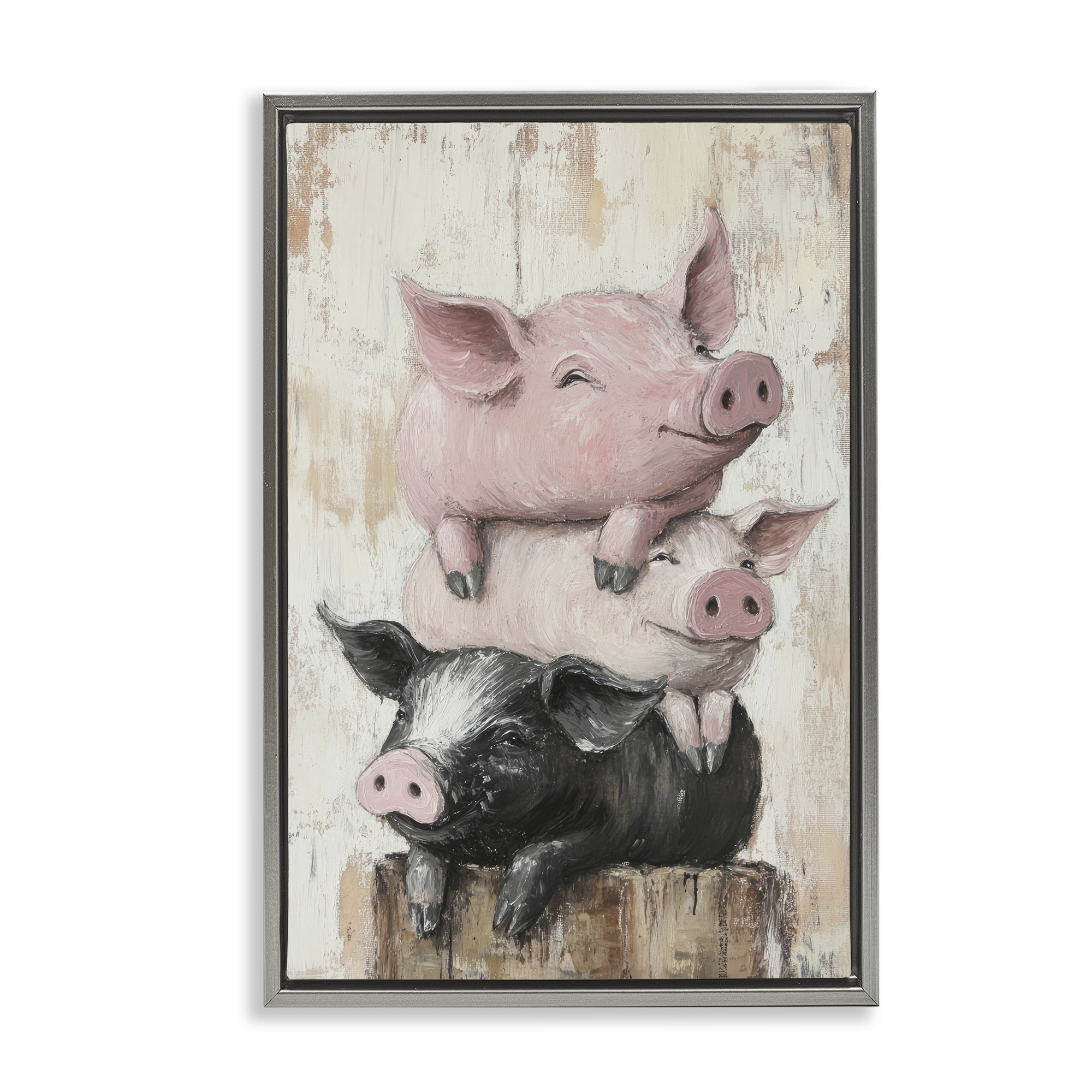 Stupell Industries Pig & Piglet Pile Gray Framed Floater Canvas Wall Art, design by Tina LeCour