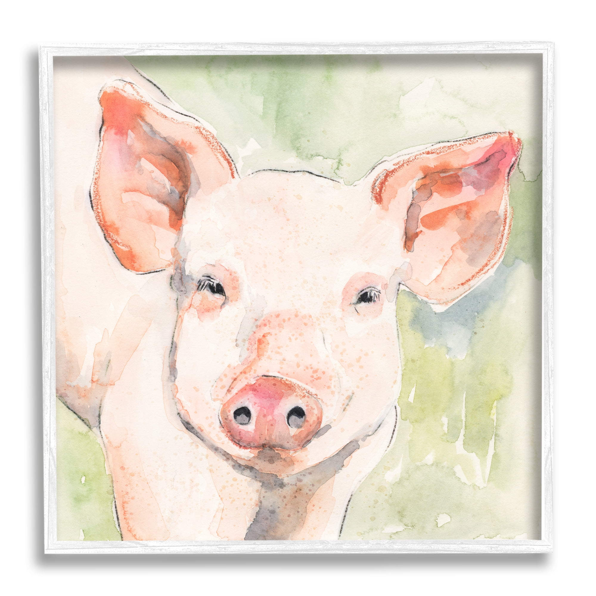Stupell Industries Pig Portrait on Green Animals & Insects Painting White Framed Art Print Wall Art, 12 x 12