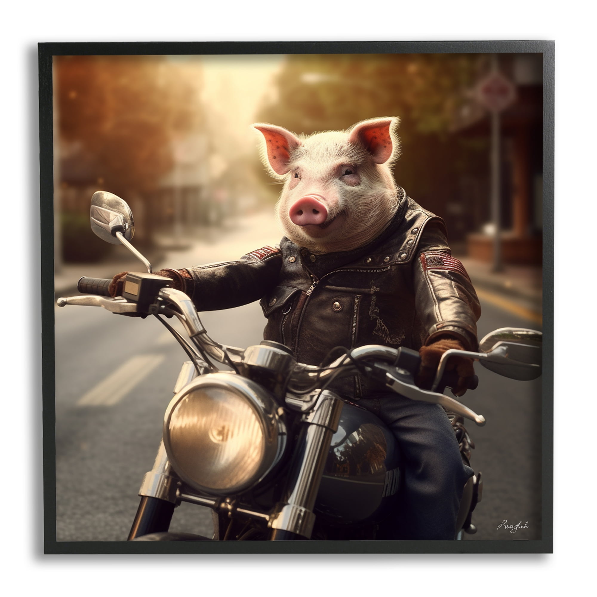 Stupell Industries Pig Riding Motorcycle Animals & Insects Painting Black Framed Art Print Wall Art, 17 x 17