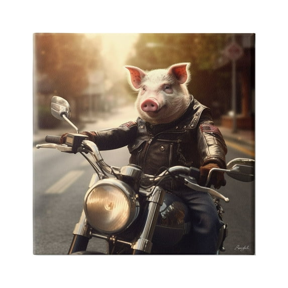 Stupell Industries Pig Riding Motorcycle Animals & Insects Painting Gallery Wrapped Canvas Art Print Wall Art, 17 x 17