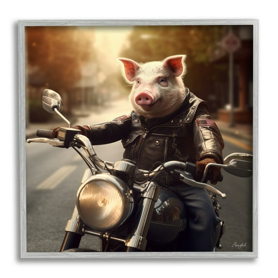 Stupell Industries Pig Riding Motorcycle Animals & Insects Painting Gray Framed Art Print Wall Art, 24 x 24