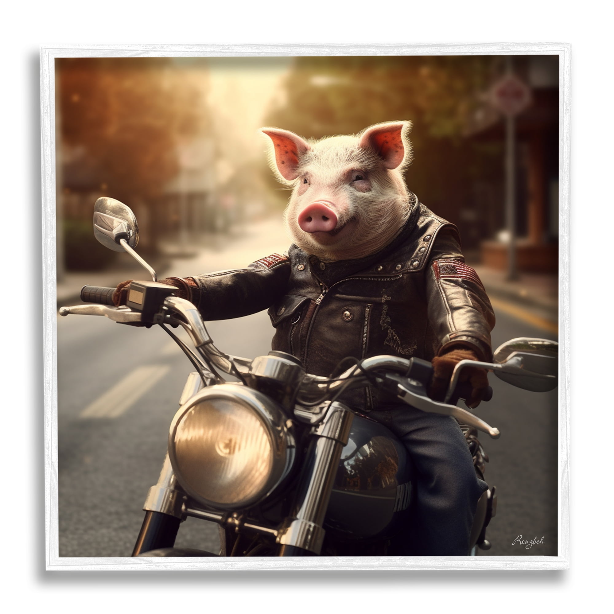 White Framed Canvas Print of Pig Riding Motorcycle, 12 x 12