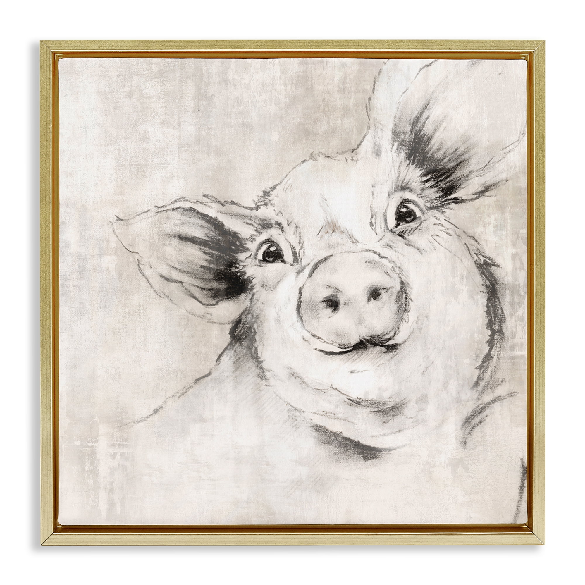 Stupell Industries Pig Sketch Impression Animals Drawing Gold Floater Framed Canvas Art Print Wall Art, 18 x 18