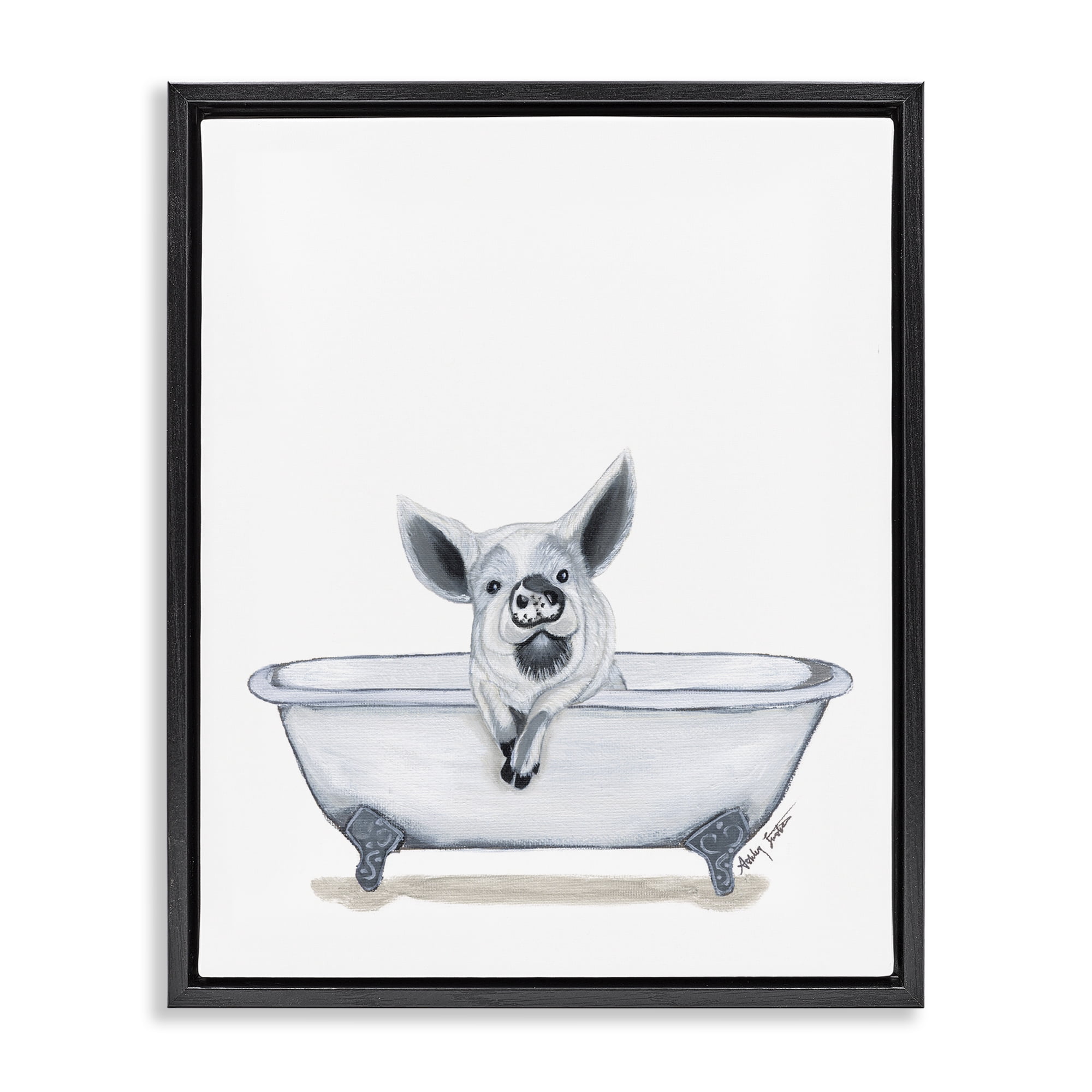 Stupell Industries Pig in Tub Sketch Bath & Laundry Painting Black Floater Framed Canvas Art Print Wall Art, 25 x 31