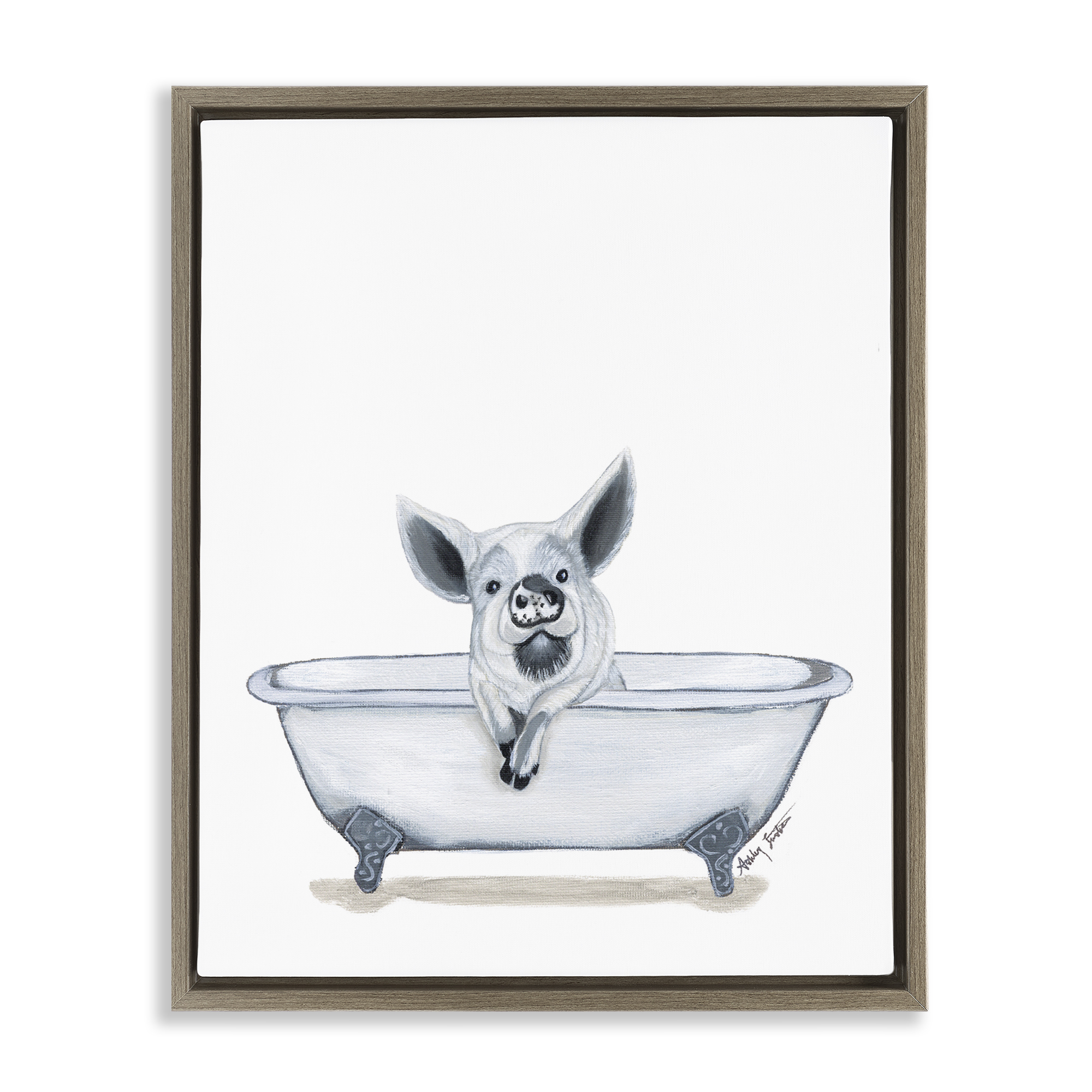 Stupell Industries Pig in Tub Sketch Bath & Laundry Painting Brown Floater Framed Canvas Art Print Wall Art, 25 x 31