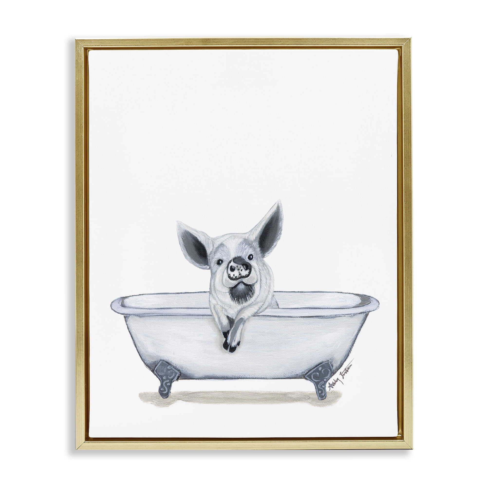 Stupell Industries Pig in Tub Sketch Bath & Laundry Painting Gold Floater Framed Canvas Art Print Wall Art, 25 x 31