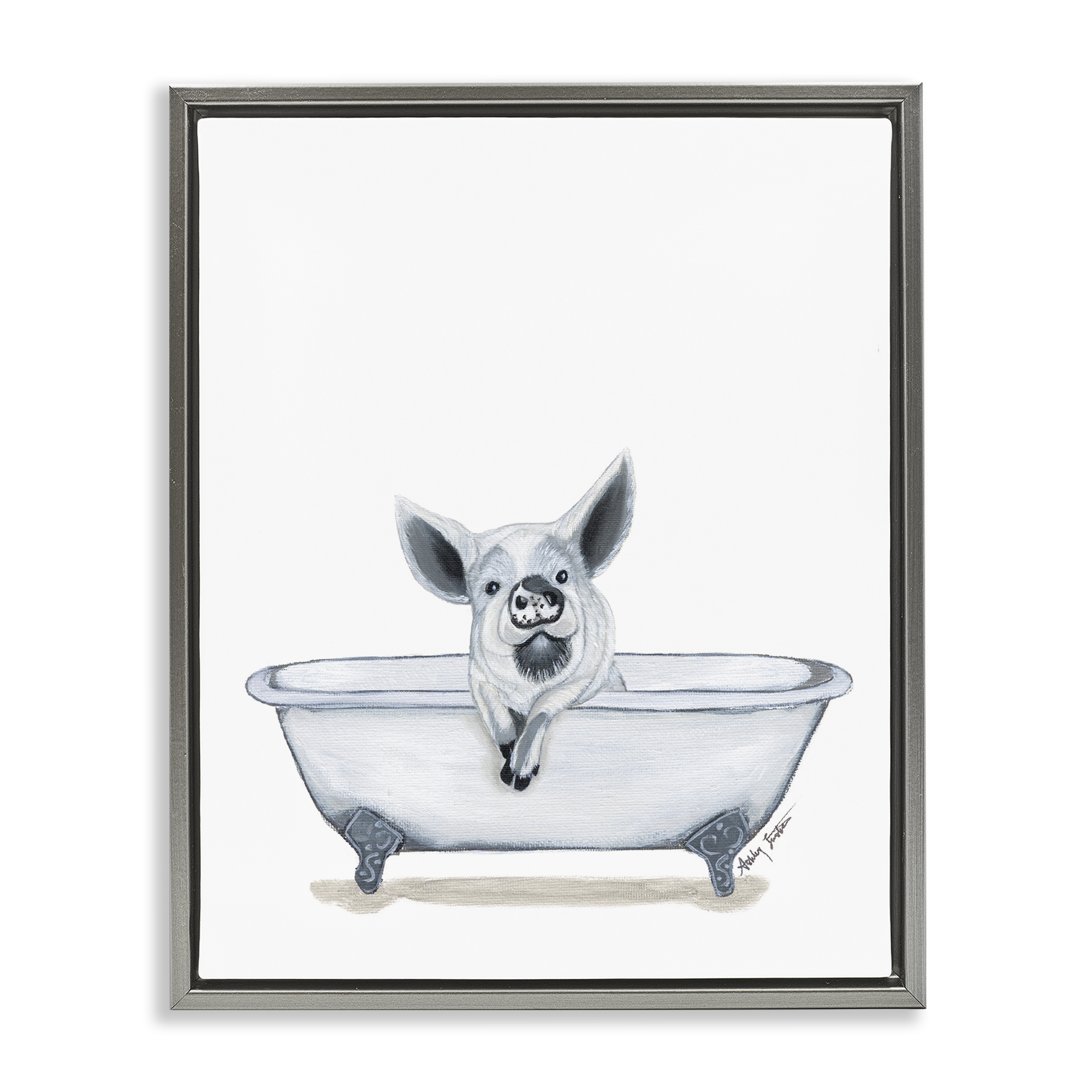 Stupell Industries Pig in Tub Sketch Bath & Laundry Painting Gray Floater Framed Canvas Art Print Wall Art, 17 x 21