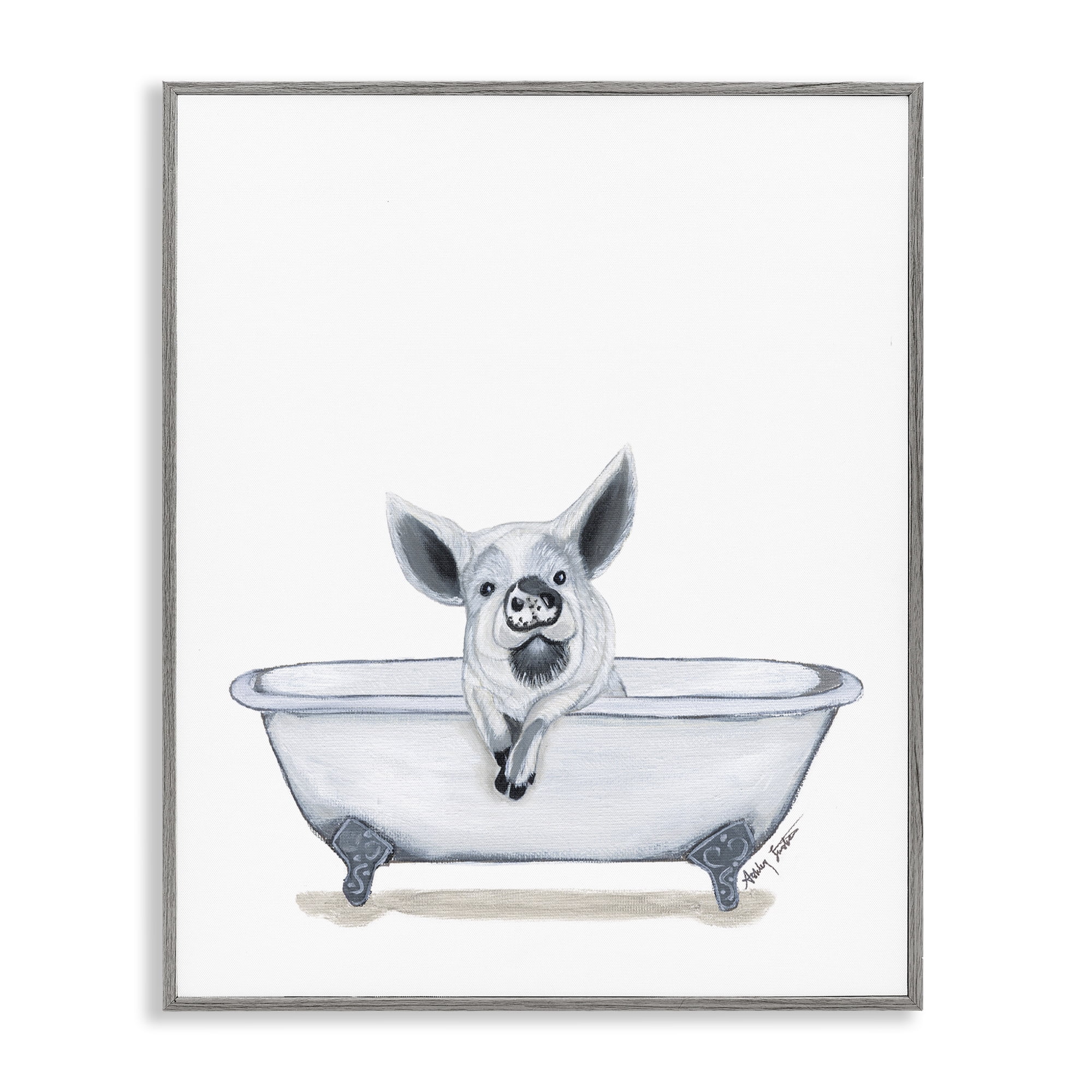 Stupell Industries Pig in Tub Sketch Bath & Laundry Painting Gray Framed Art Print Wall Art, 16 x 20