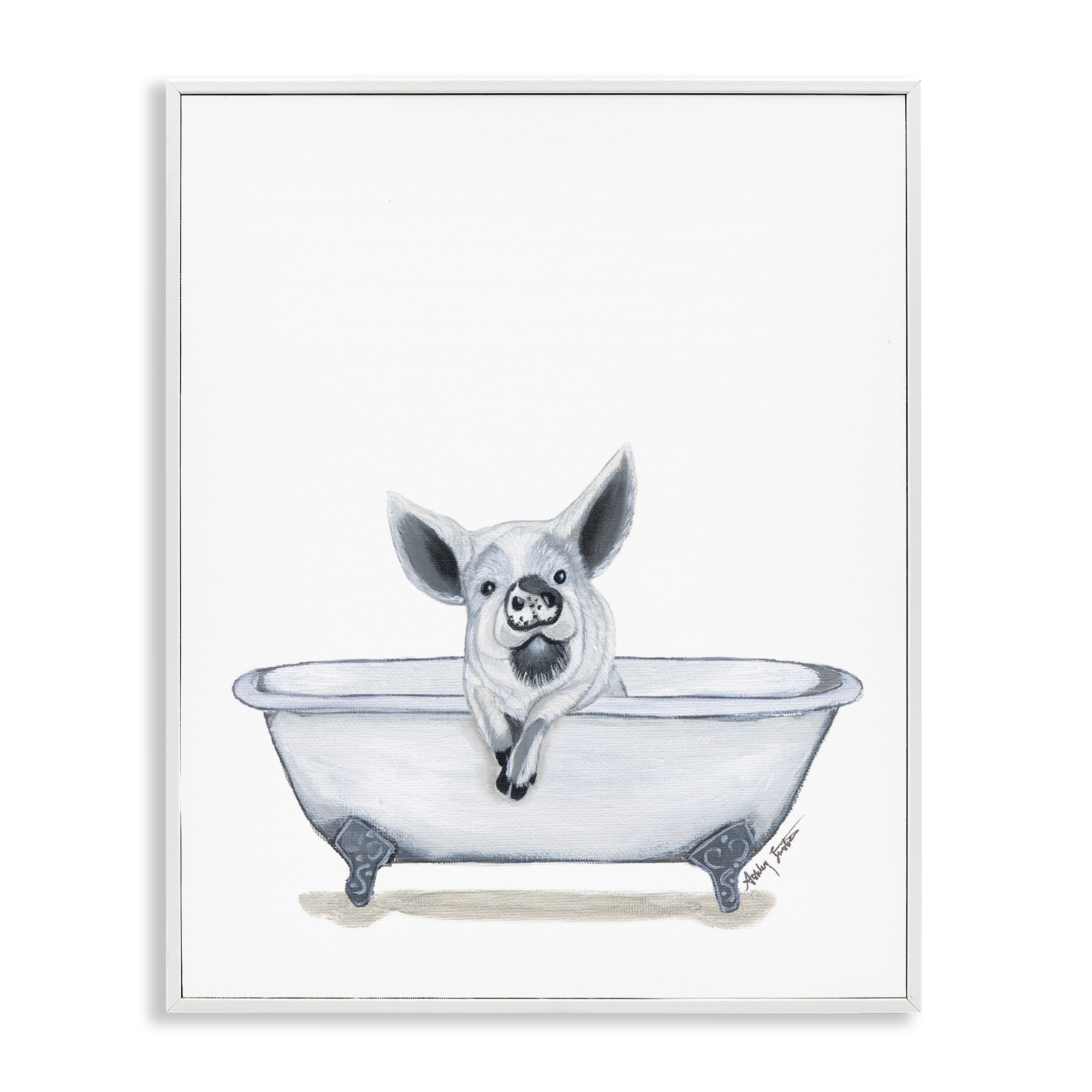 Stupell Industries Pig in Tub Sketch Bath & Laundry Painting White Framed Art Print Wall Art, 16 x 20