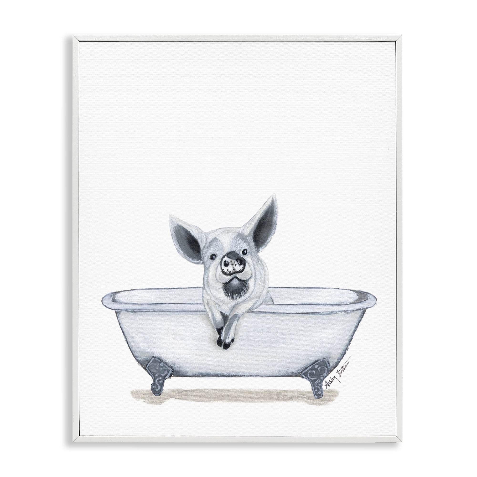 Stupell Industries Pig in Tub Sketch Bath & Laundry Painting White Framed Art Print Wall Art, 24 x 30