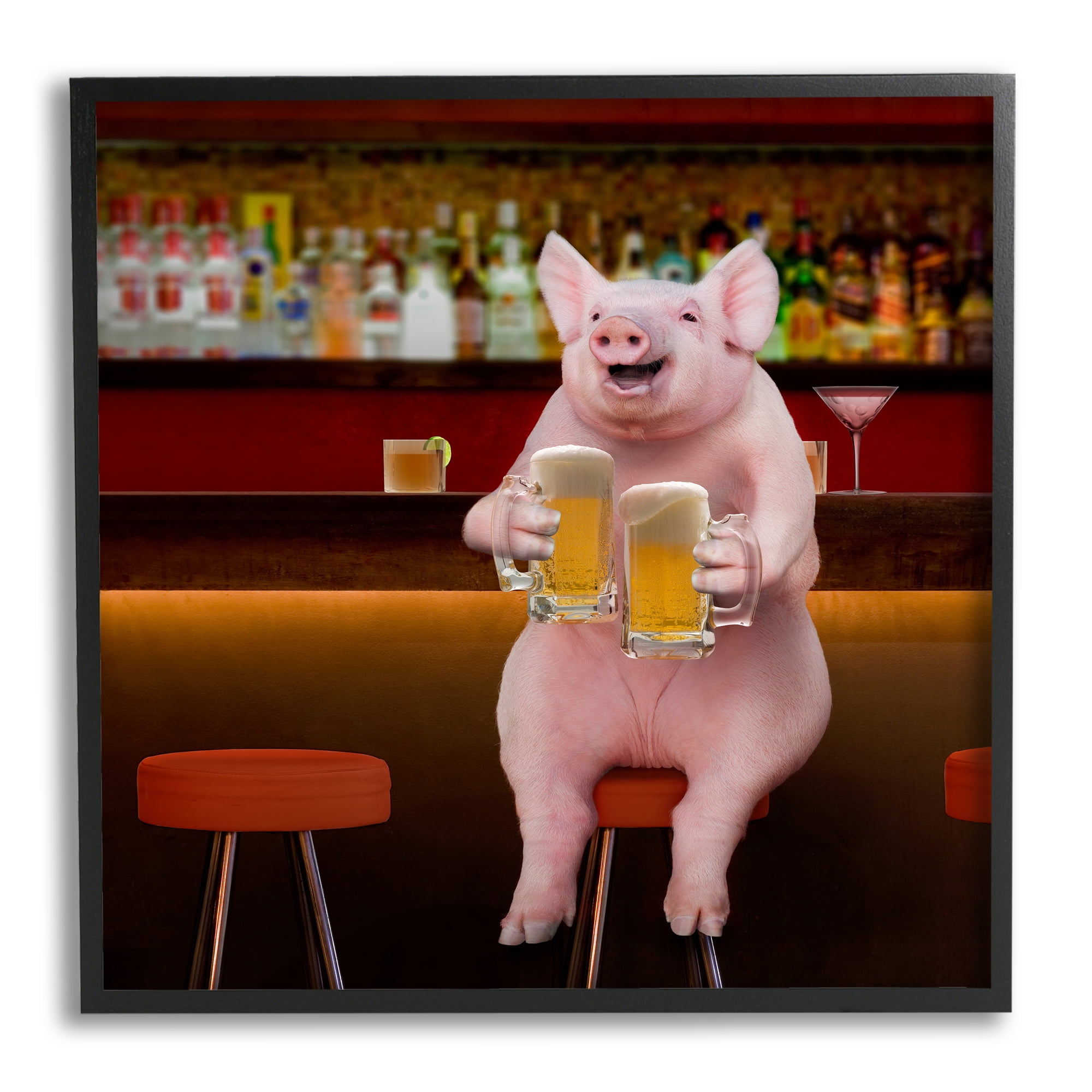 Stupell Industries Pig on Pub Bar Stool Animals & Insects Painting Black Framed Art Print Wall Art, 12 x 12