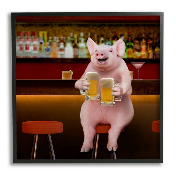Stupell Industries Pig on Pub Bar Stool Animals & Insects Painting Black Framed Art Print Wall Art, 17 x 17