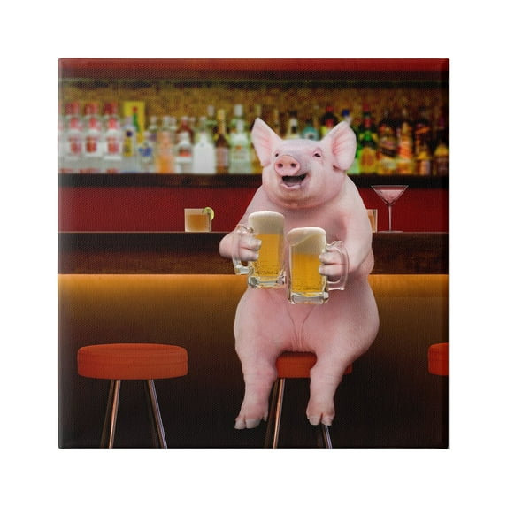 Stupell Industries Pig on Pub Bar Stool Animals & Insects Painting Gallery Wrapped Canvas Print Wall Art, 36 x 36
