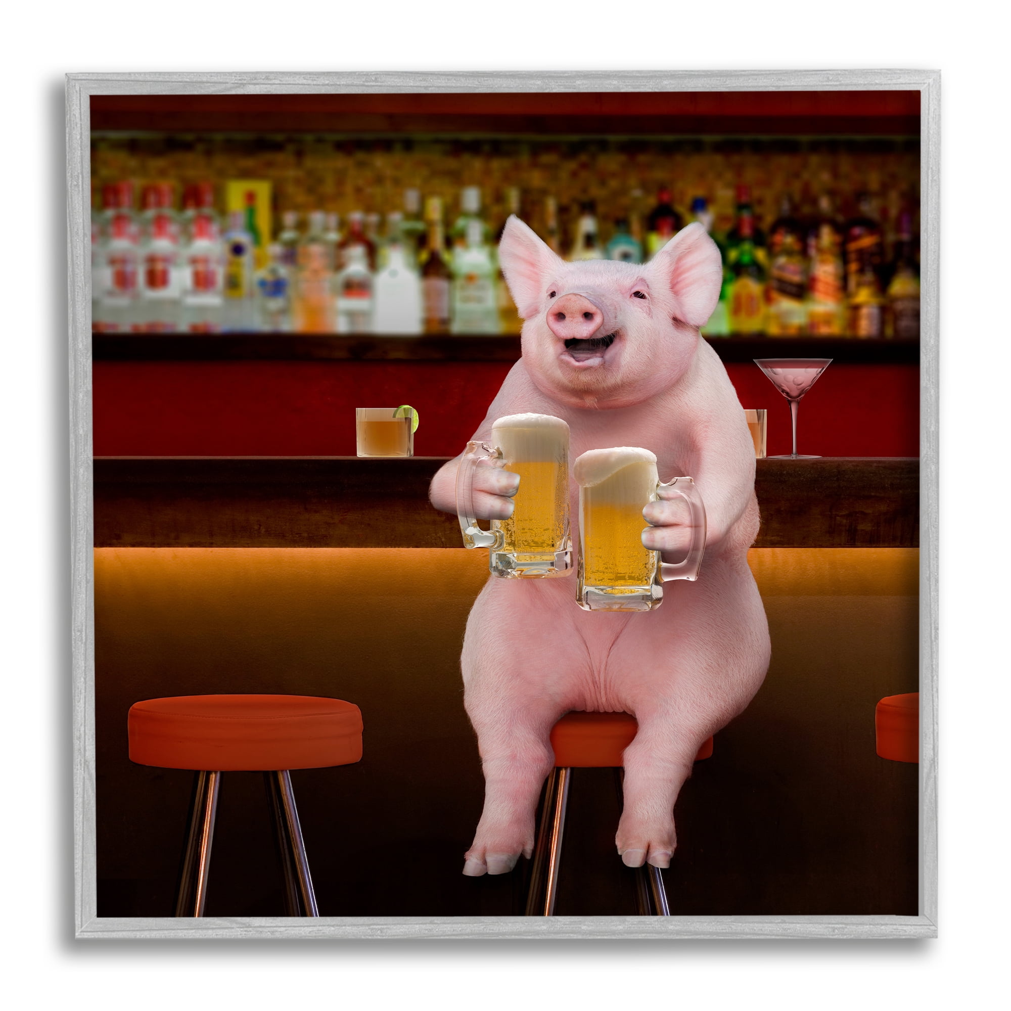 Stupell Industries Pig on Pub Bar Stool Animals & Insects Painting Gray Framed Art Print Wall Art, 17 x 17