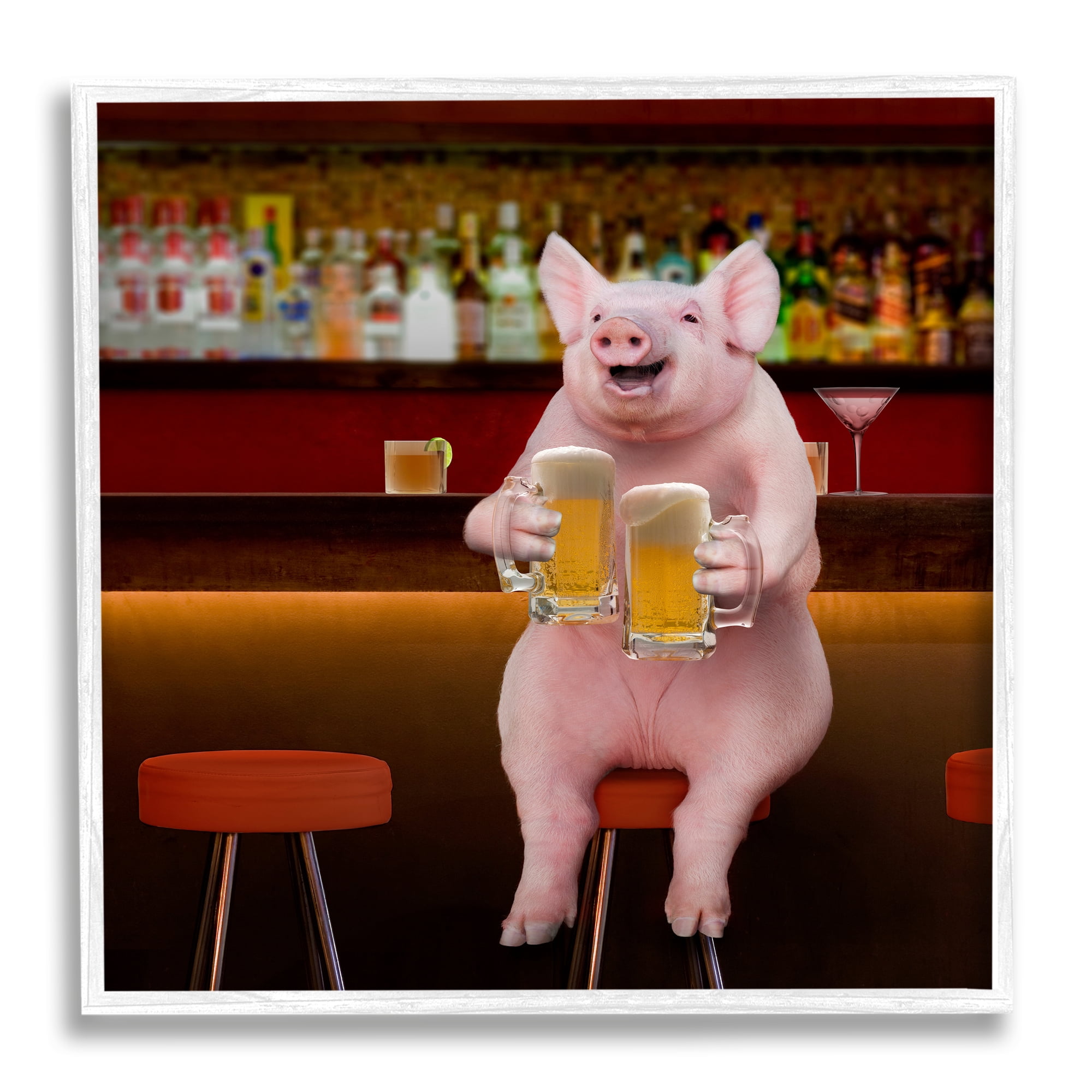 Stupell Industries Pig on Pub Bar Stool Animals & Insects Painting White Framed Art Print Wall Art, 17 x 17