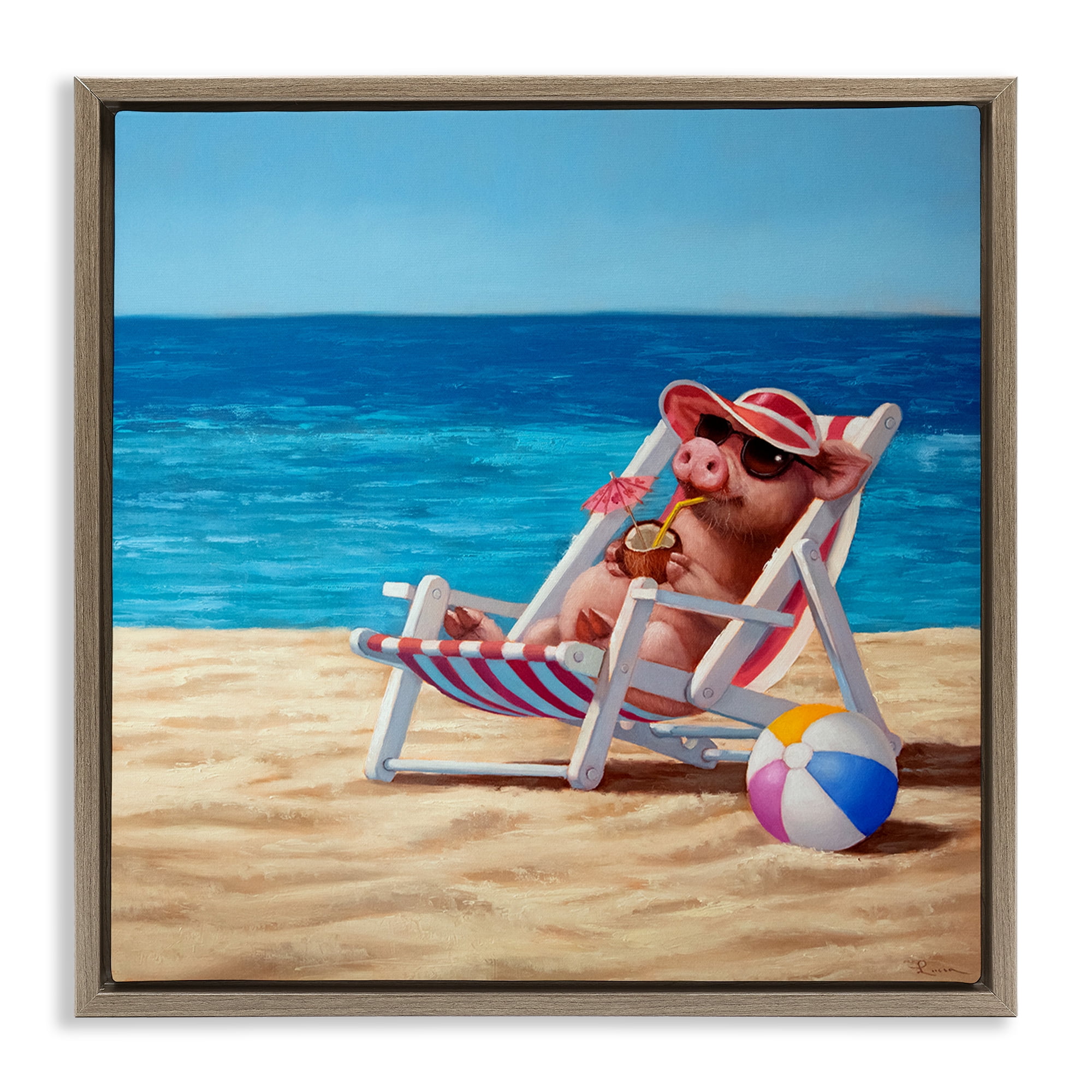 Stupell Industries Pig with Beach Cocktail Novelty Painting Brown Floater Framed Canvas Art Print Wall Art, 18 x 18